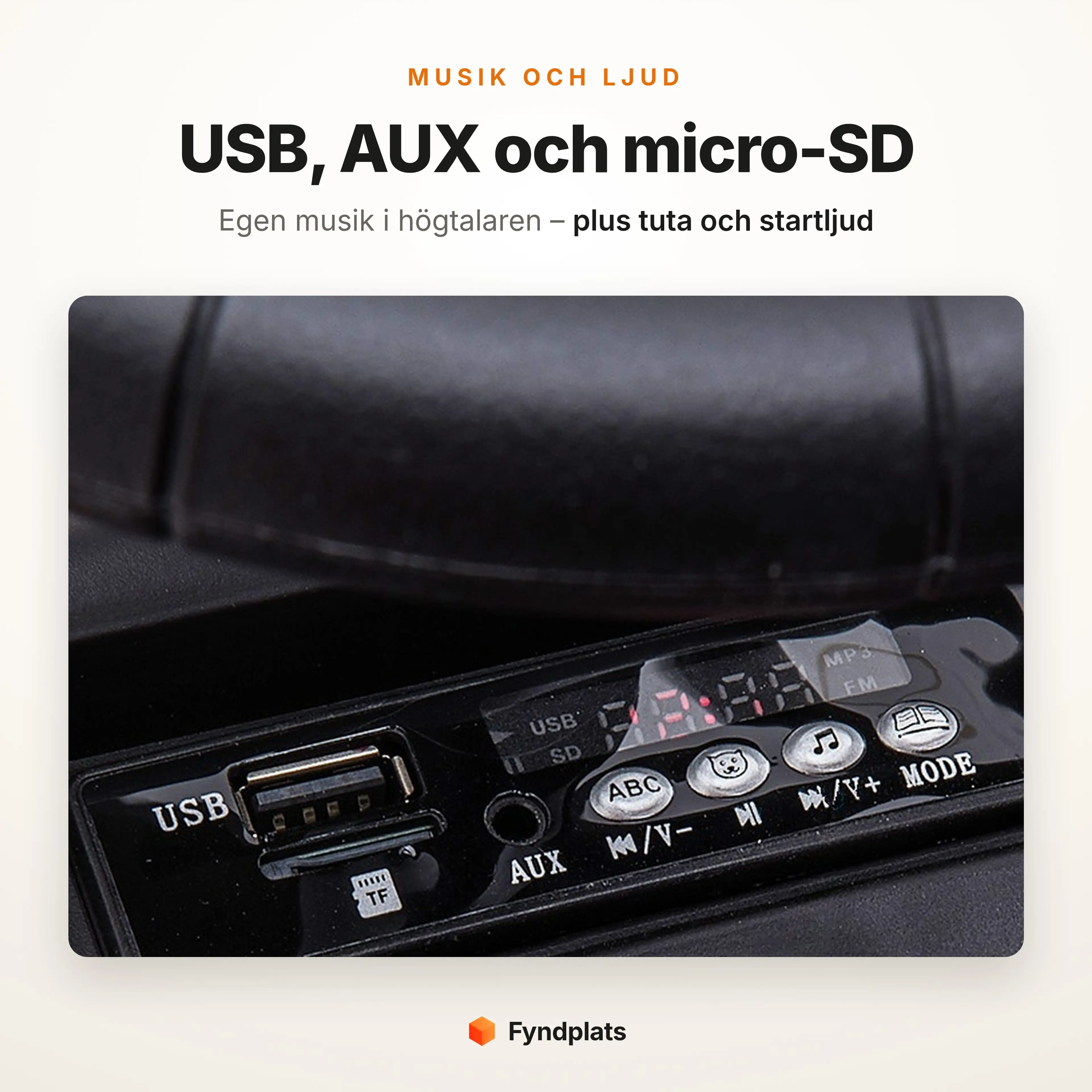 Musikpanel med USB, AUX och micro-SD vid ratten på eltraktorn för barn
