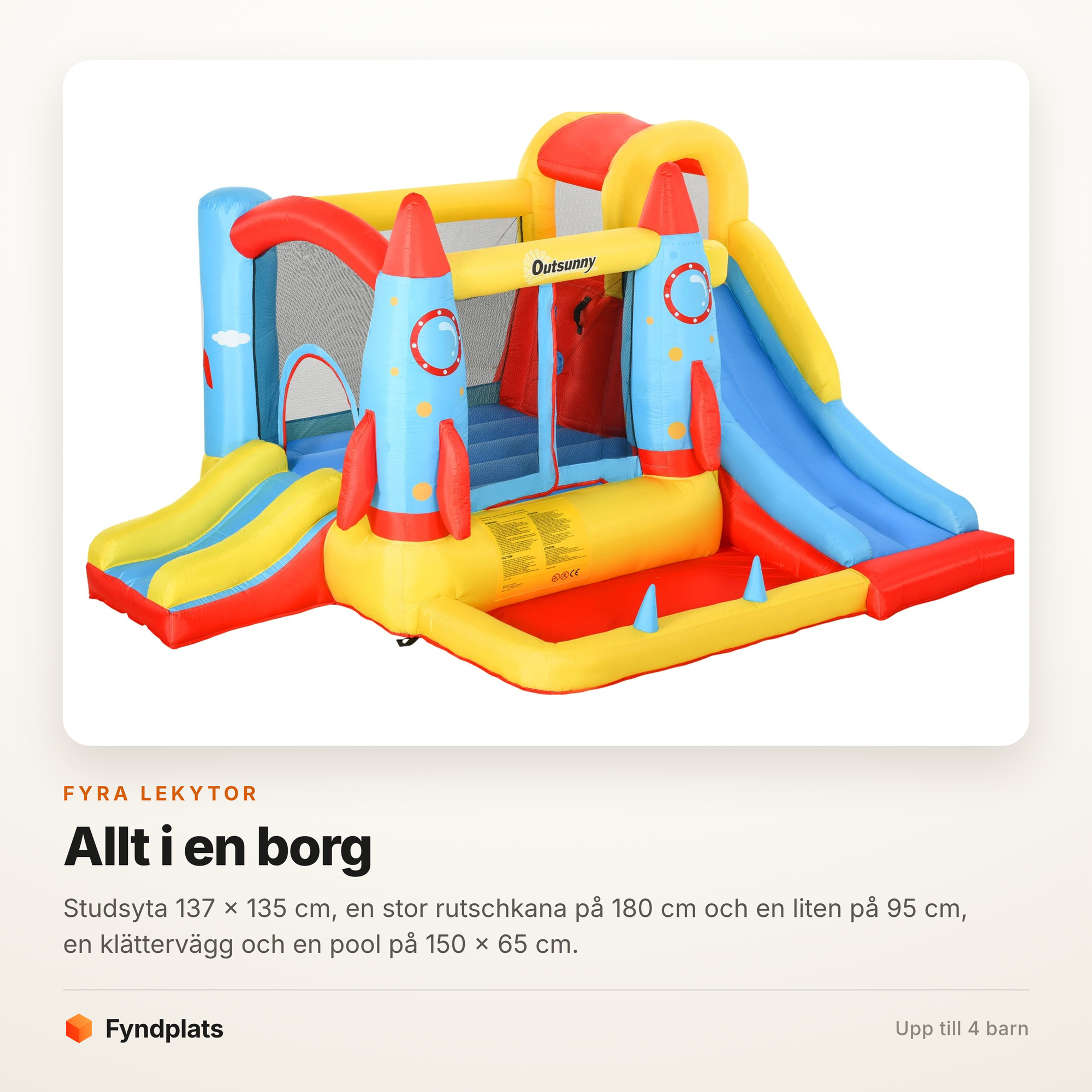 Hoppborgens fyra lekytor: studsyta, stor och liten rutschkana, klättervägg och pool