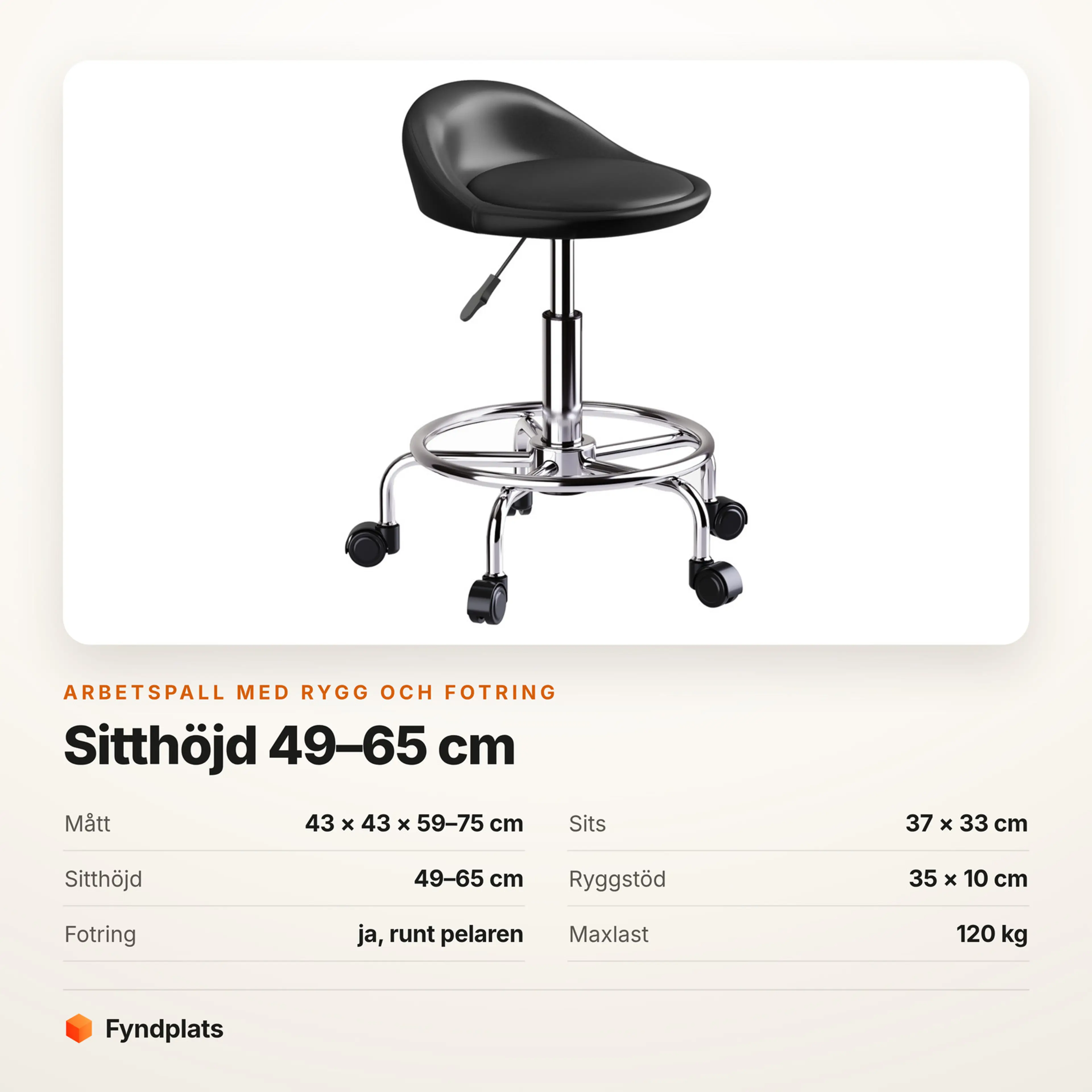 Faktakort från Fyndplats: arbetspall med rygg och fotring, mått och maxlast