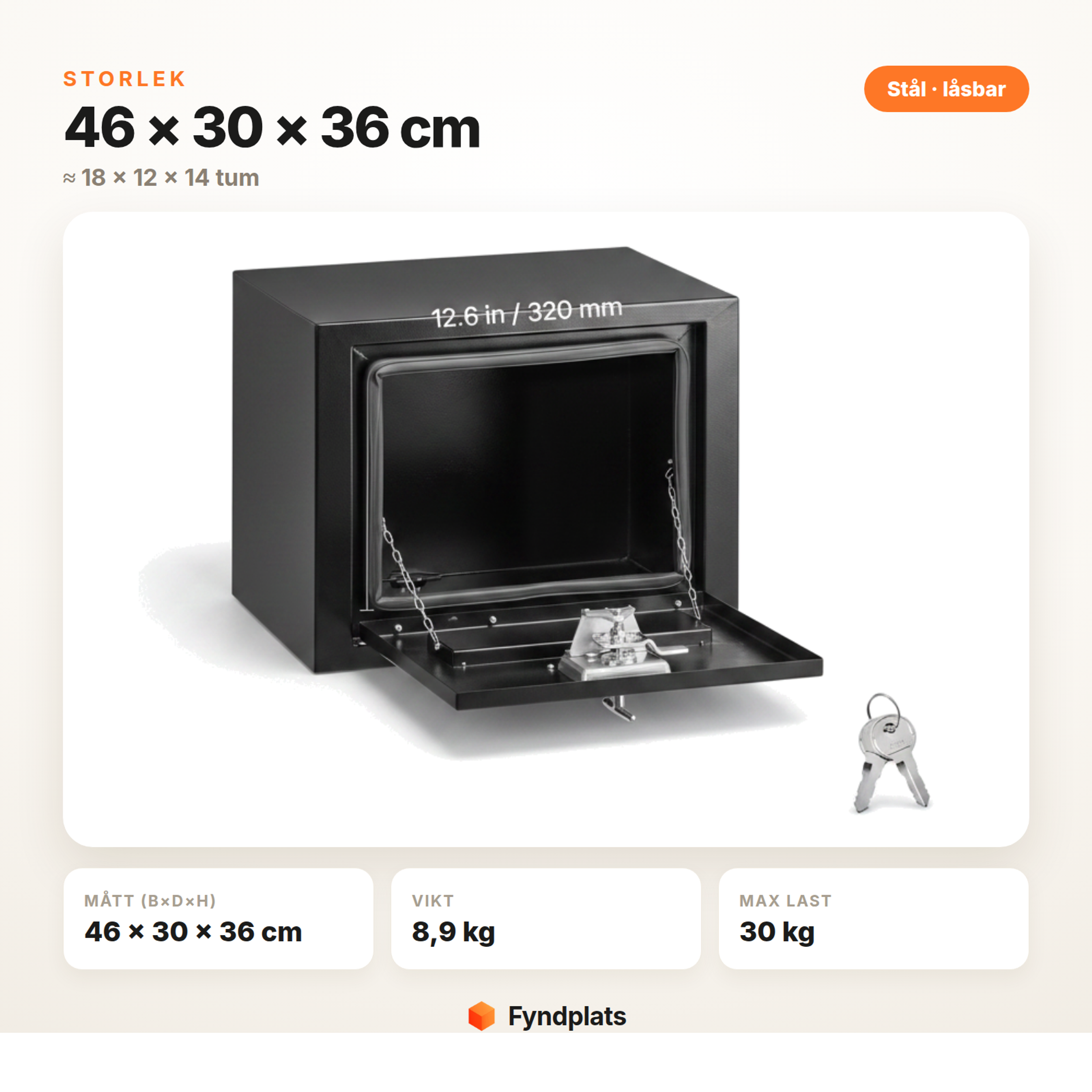 Verktygslåda för lastbil, storlek 46 × 30 × 36 cm – mått, vikt och max last