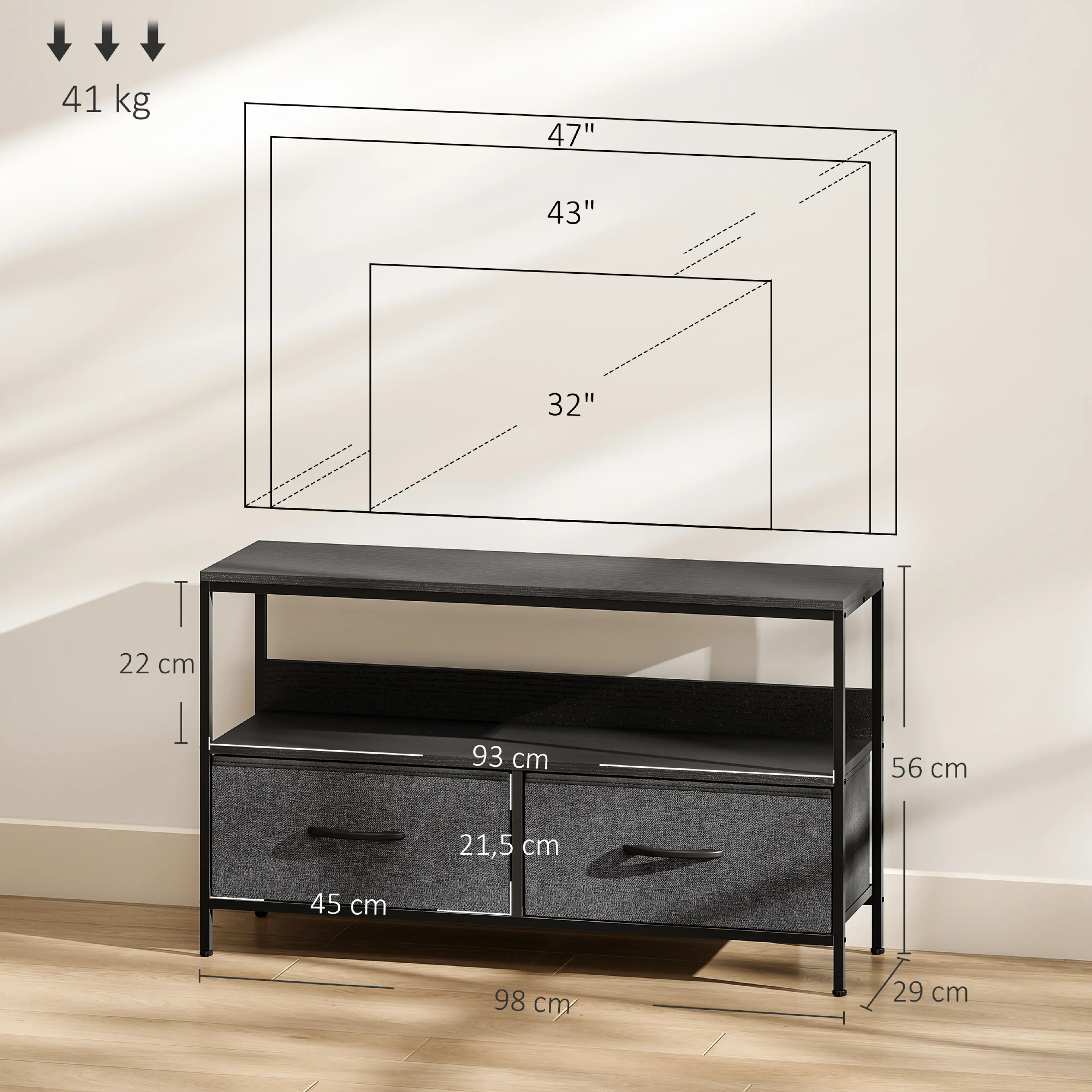 Måttbild: tv-bänken är 98 × 29 × 56 cm och bär 41 kg
