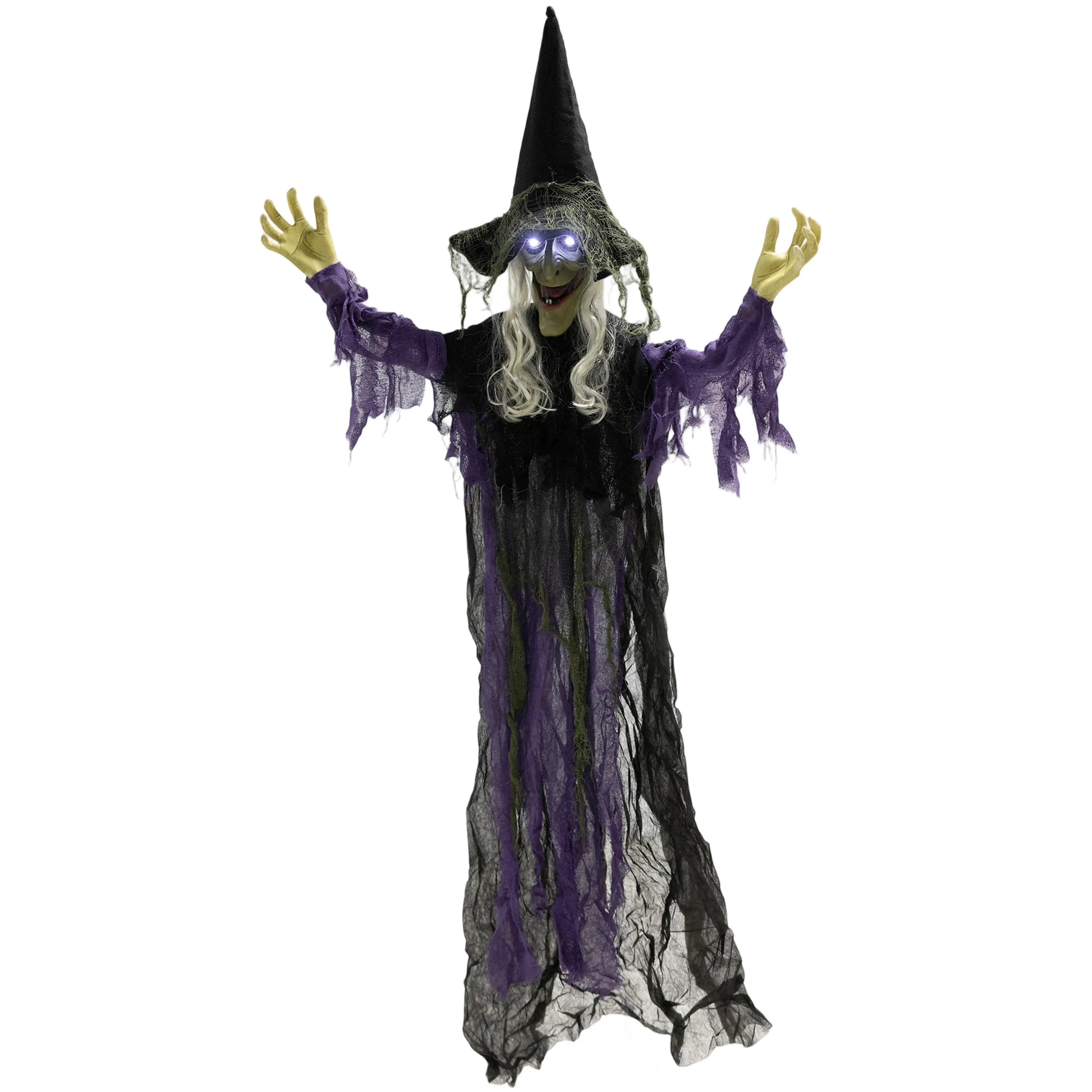 Hängande halloweenhäxa 183 cm i lila – ljudstyrd