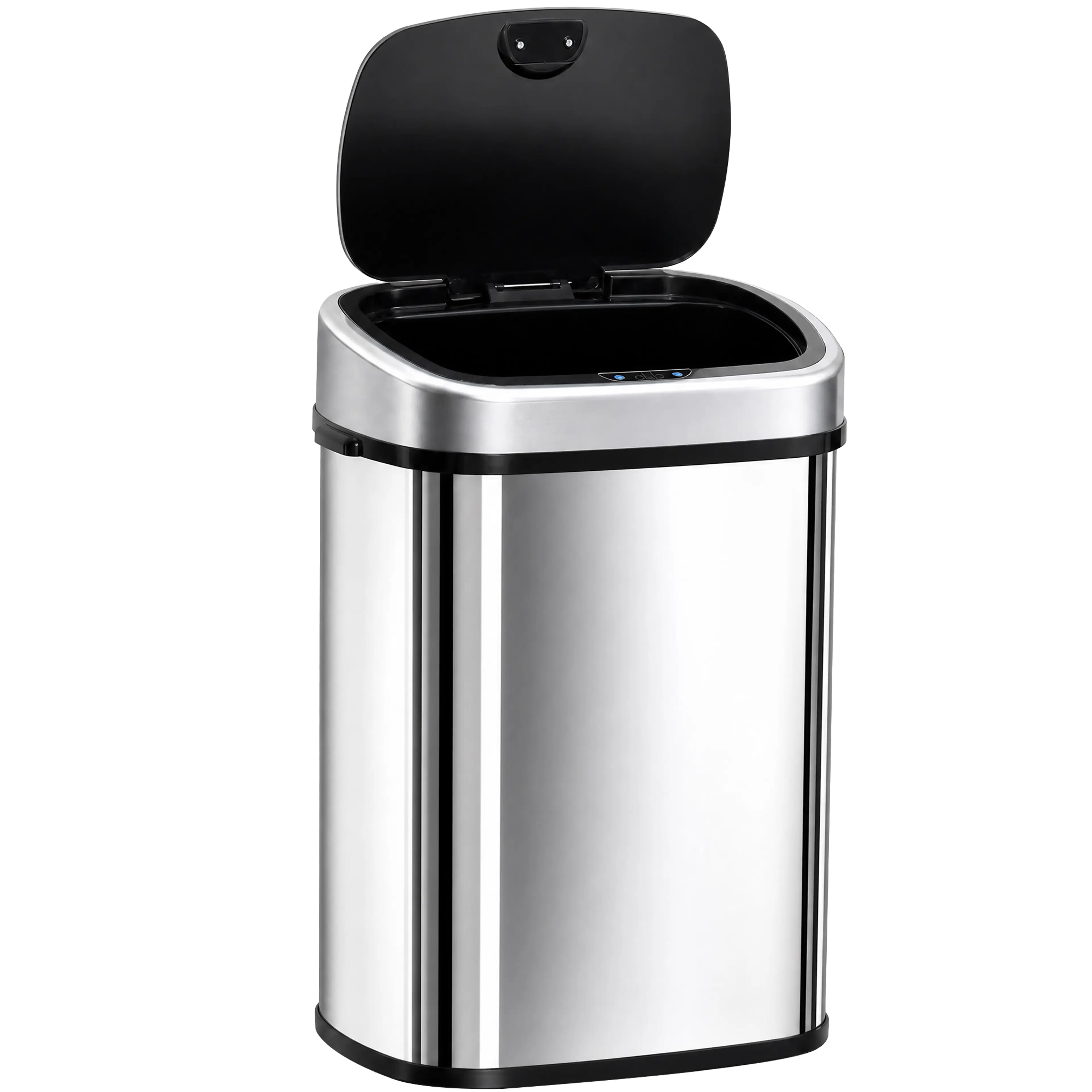 Oval soptunna med sensor i rostfritt stål med uppfällt svart lock (1)