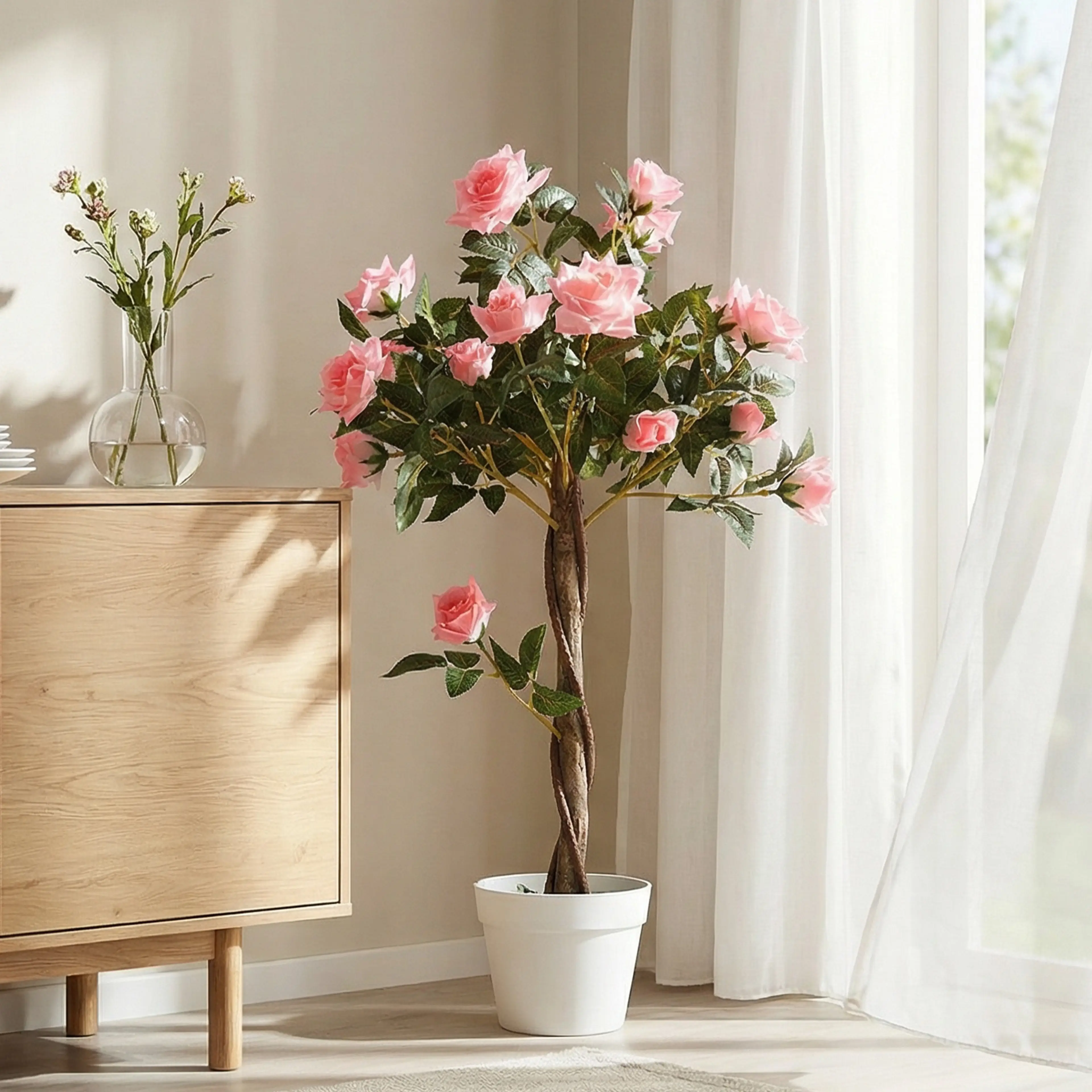 Rosenträdet bredvid en skänk framför ett fönster med vita gardiner