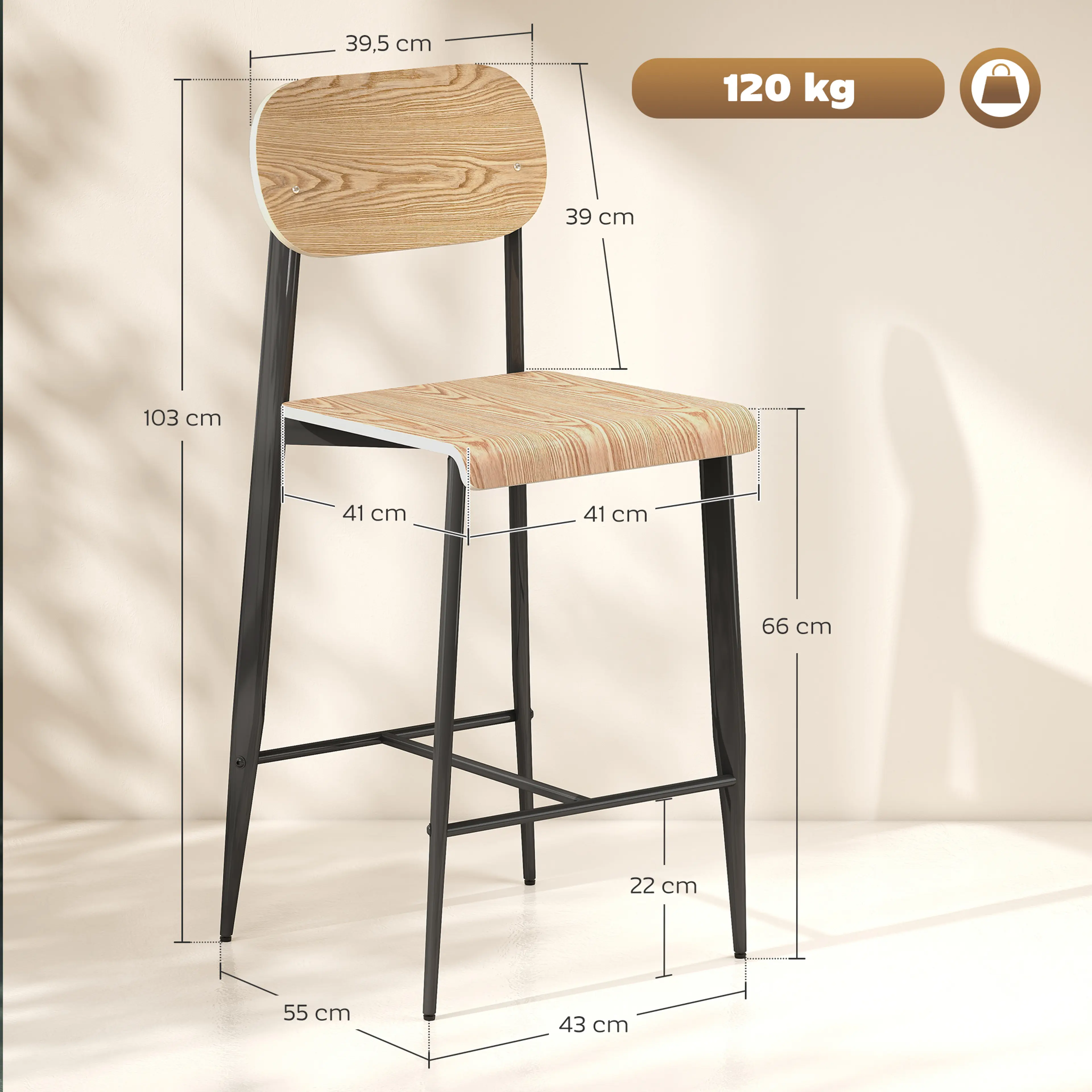 Måttskiss med sitthöjd 66 cm och totalhöjd 103 cm, med märkning för 120 kg belastning
