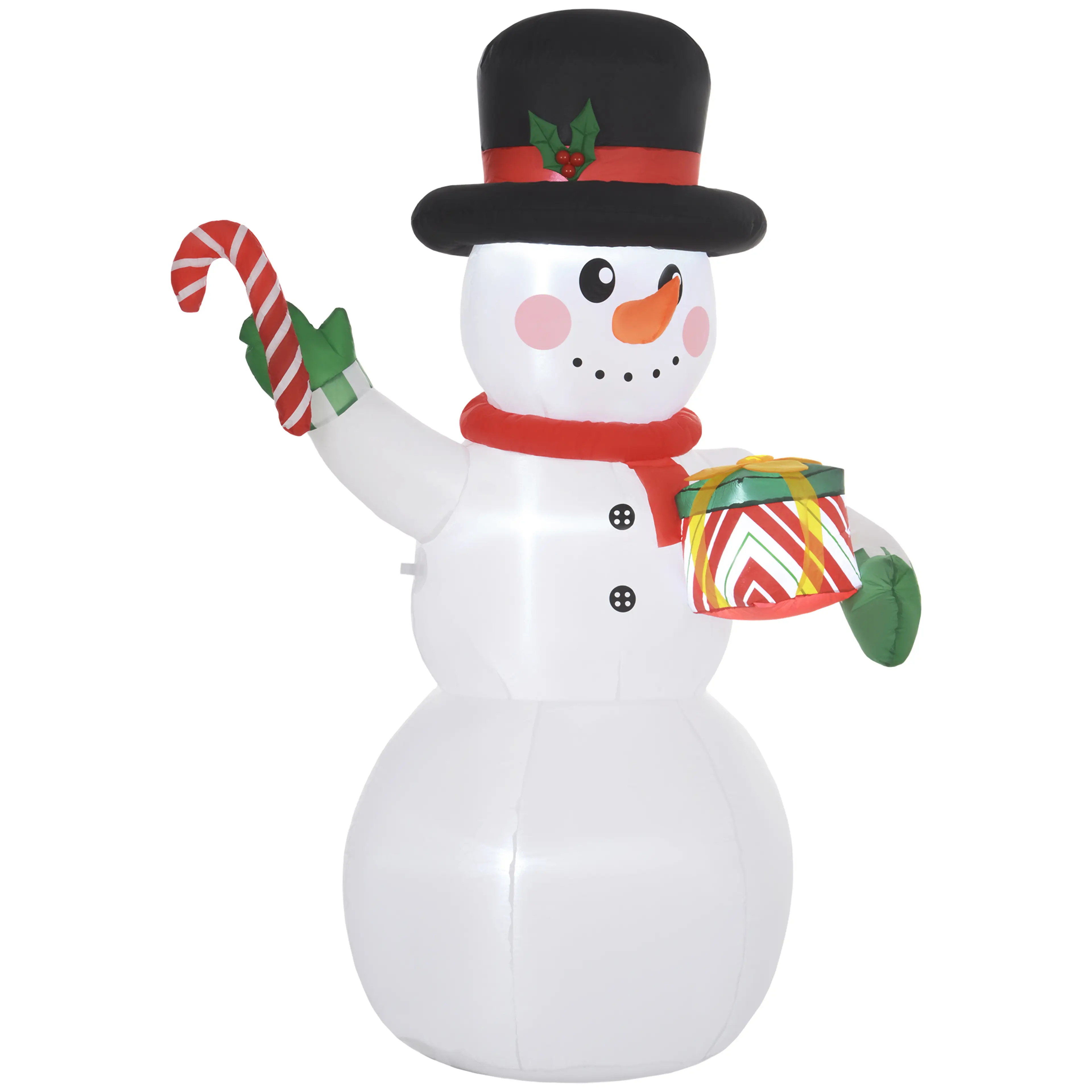 Uppblåsbar snögubbe med hög hatt, polkagriskäpp och julklapp