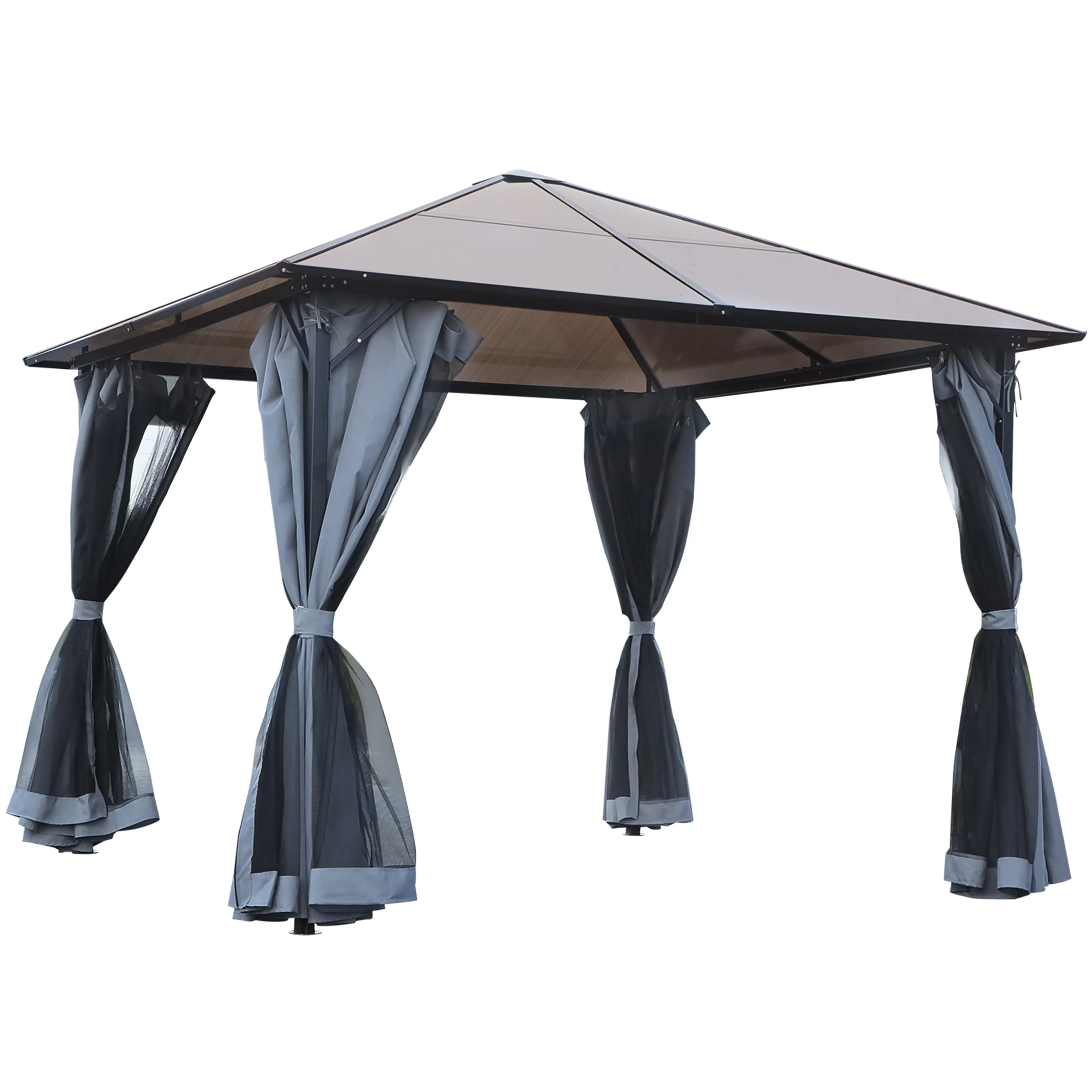 Hardtop-paviljong 300 × 300 cm med polykarbonattak och gardiner