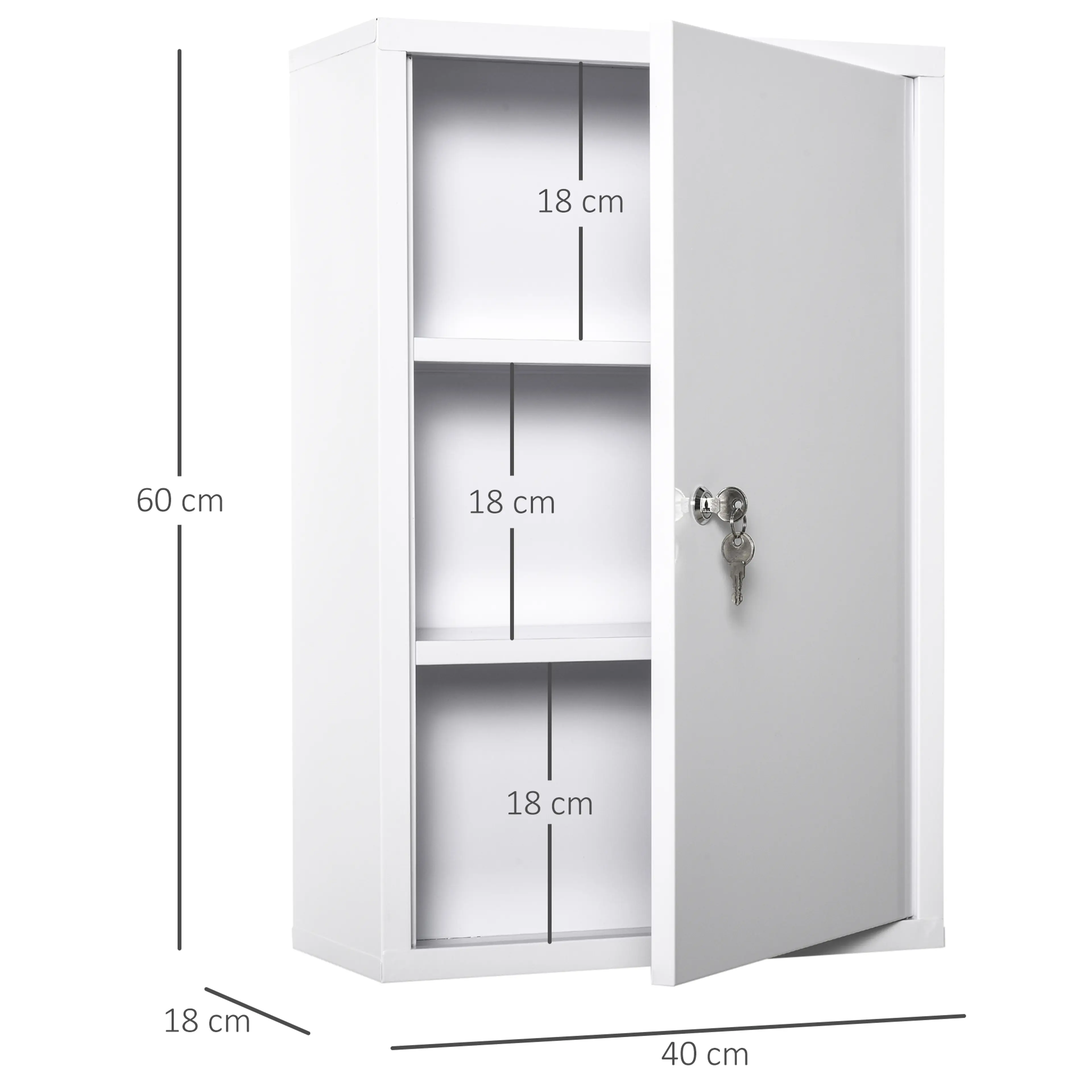 Måttskiss: skåpet 40 × 18 × 60 cm med tre fack på 18 / 18 / 18 cm