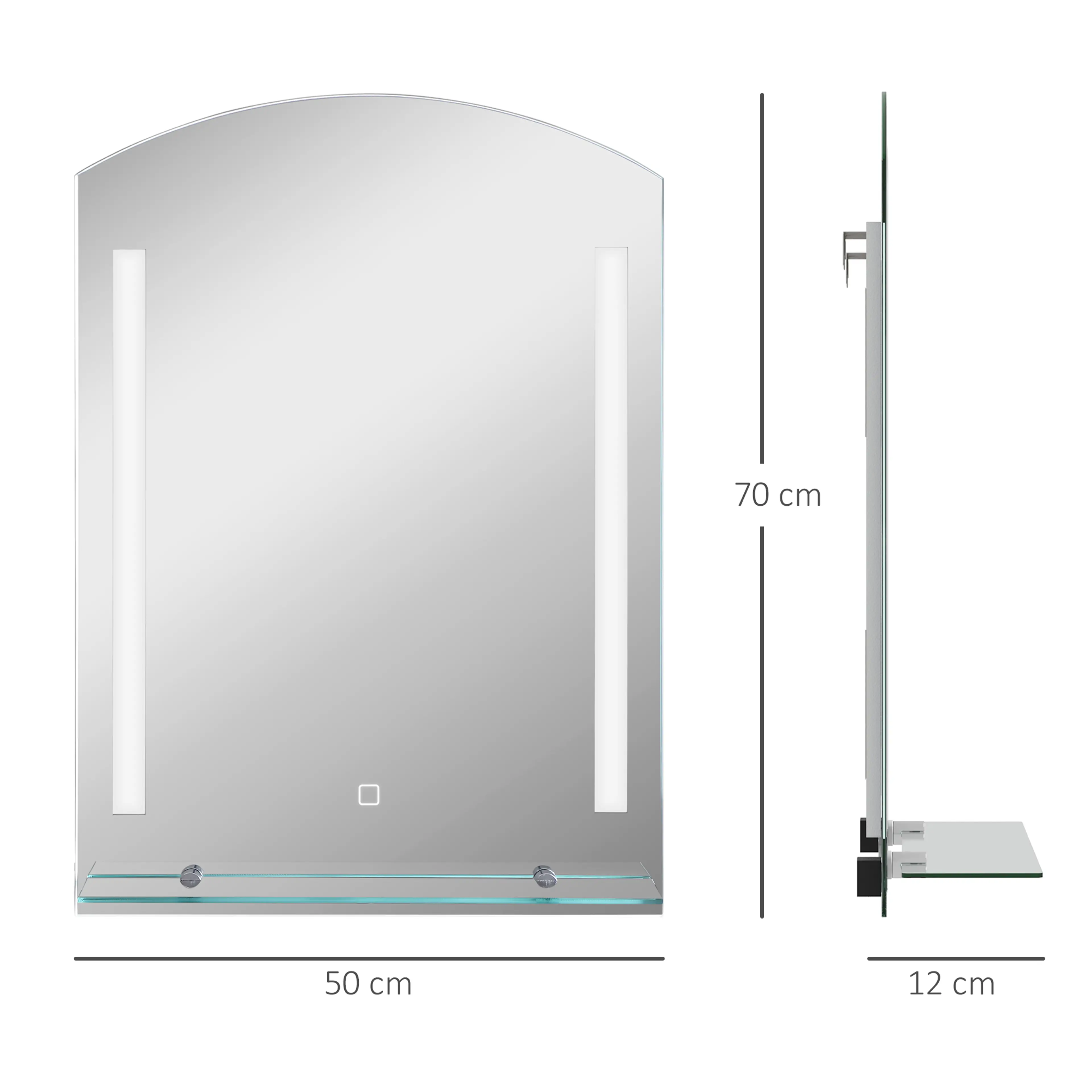 Måttbild: spegeln är 50 cm bred, 70 cm hög och 12 cm djup med hyllan