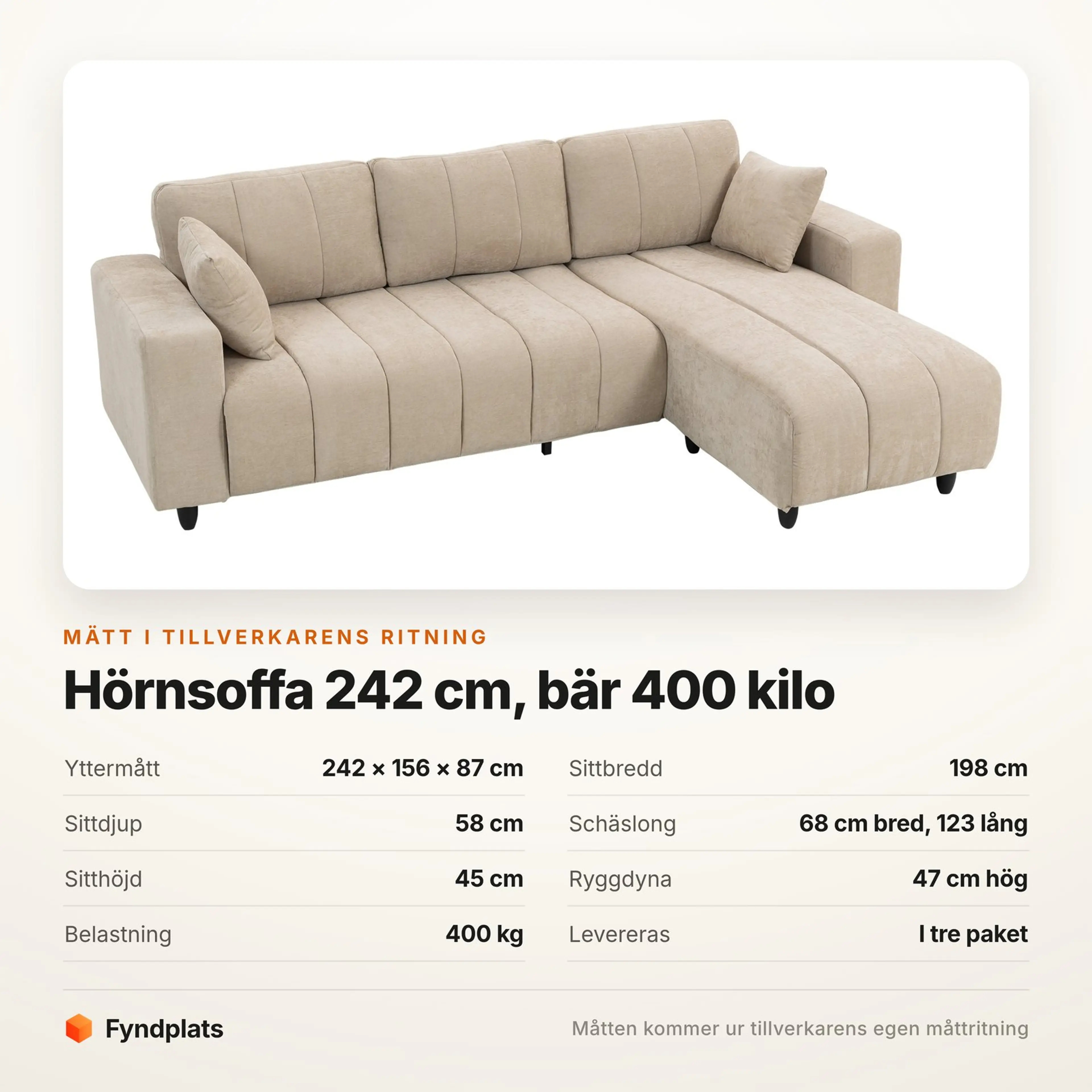 Fyndplats faktakort: yttermått, sittbredd, schäslong och belastning