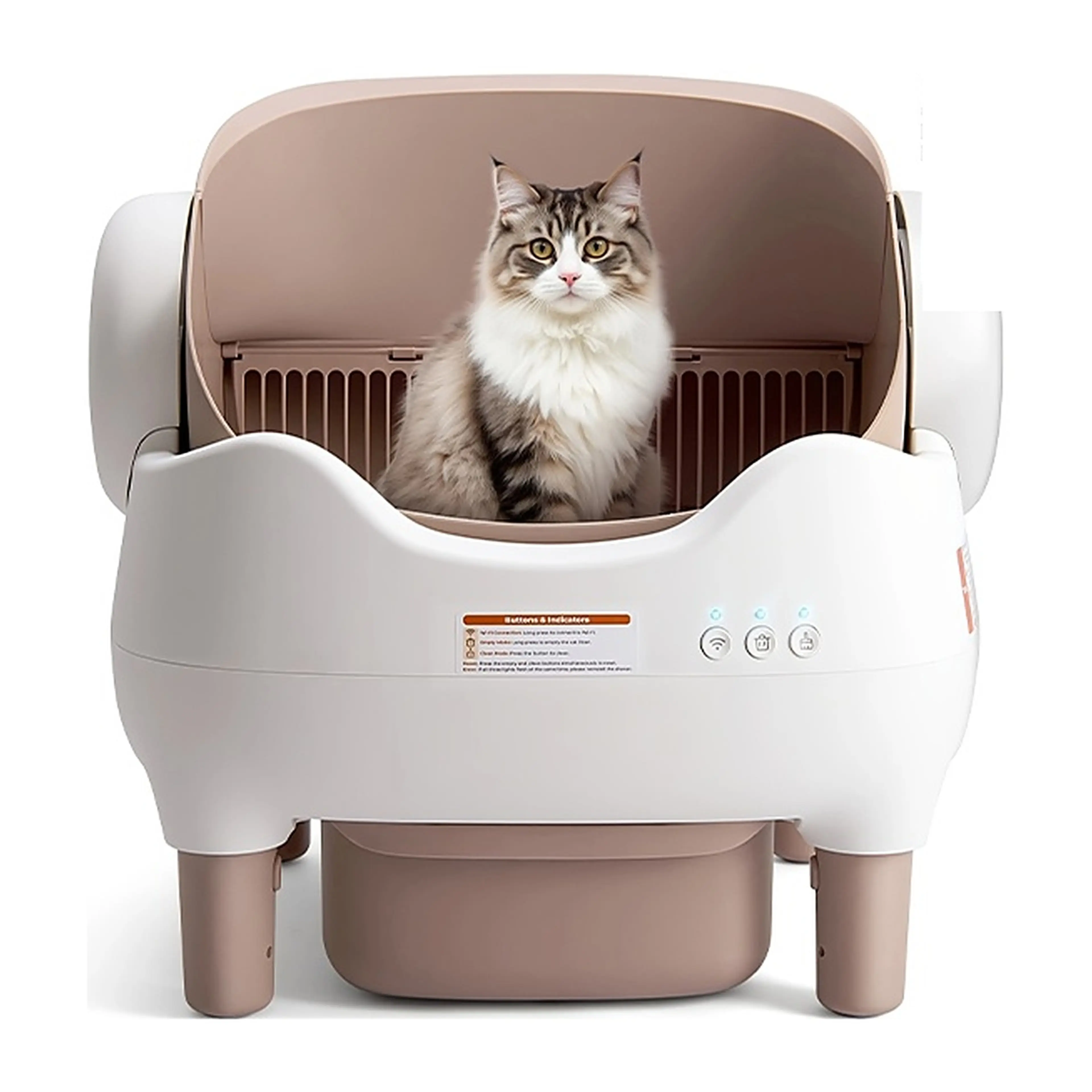 Självrengörande kattlåda med öppen topp, vit med gammelrosa lock och ben, katt sitter i den