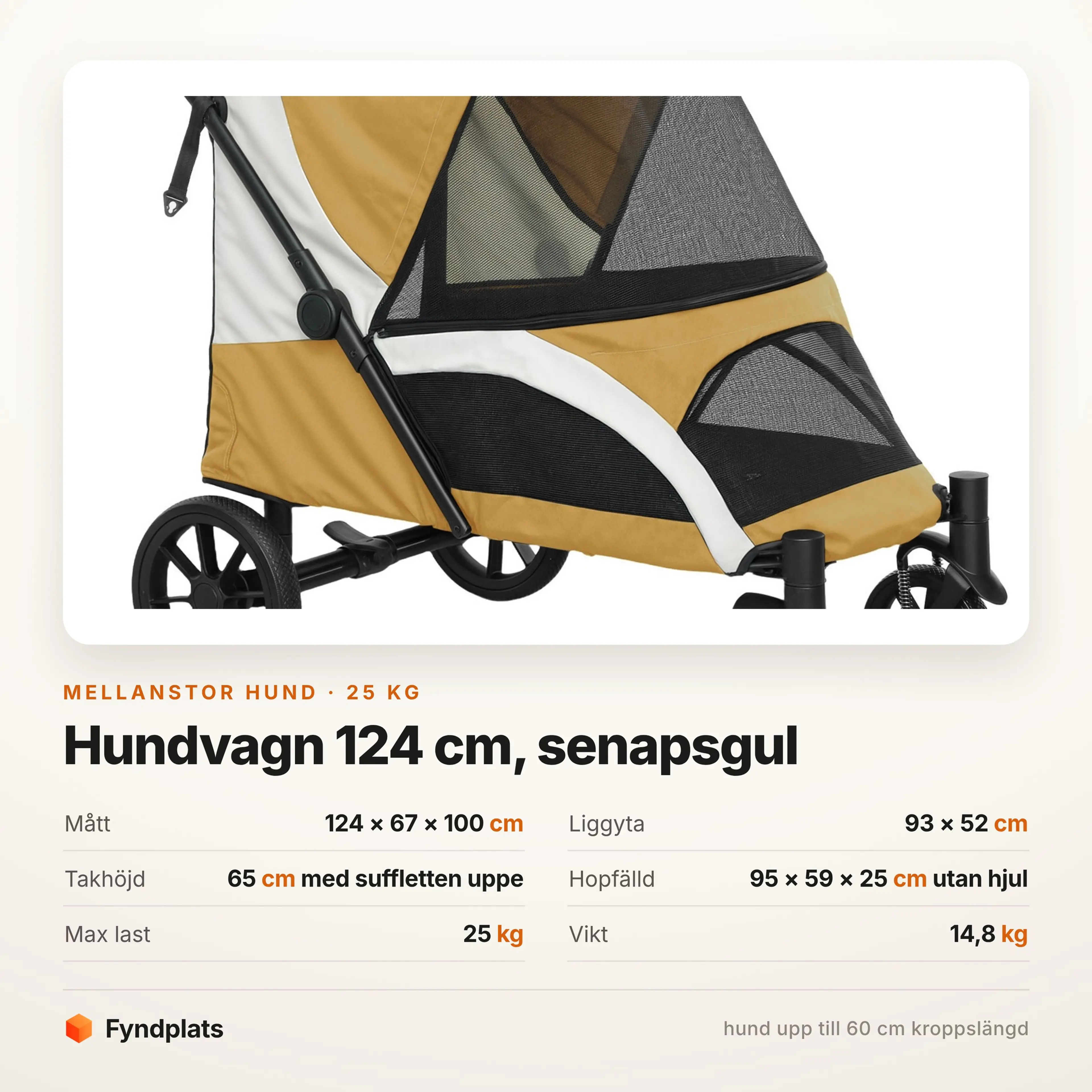 Faktakort: hundvagn 124 cm, liggyta 93 x 52 cm, max last 25 kg