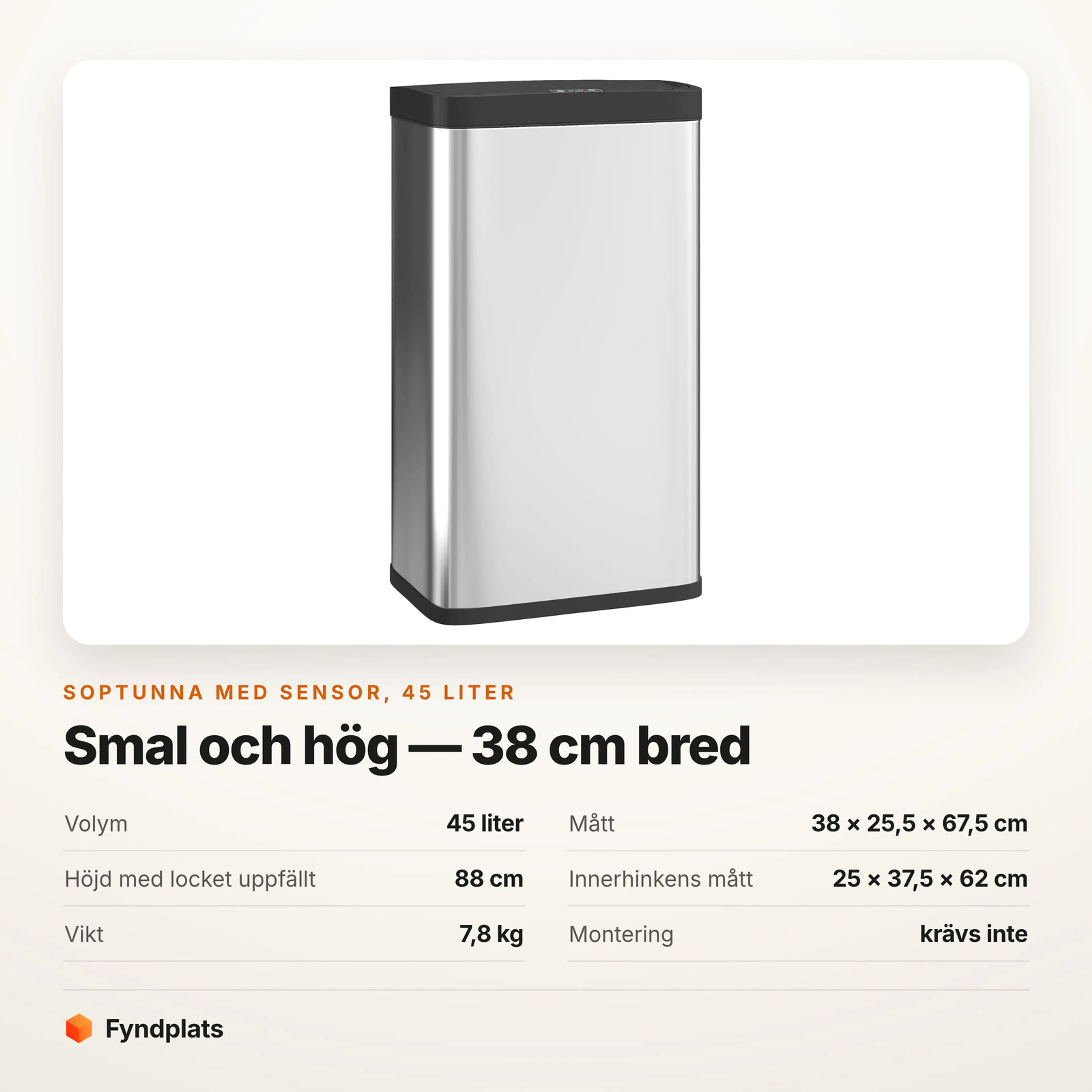 Faktakort: soptunna med sensor 45 liter, mått, innerhink och vikt
