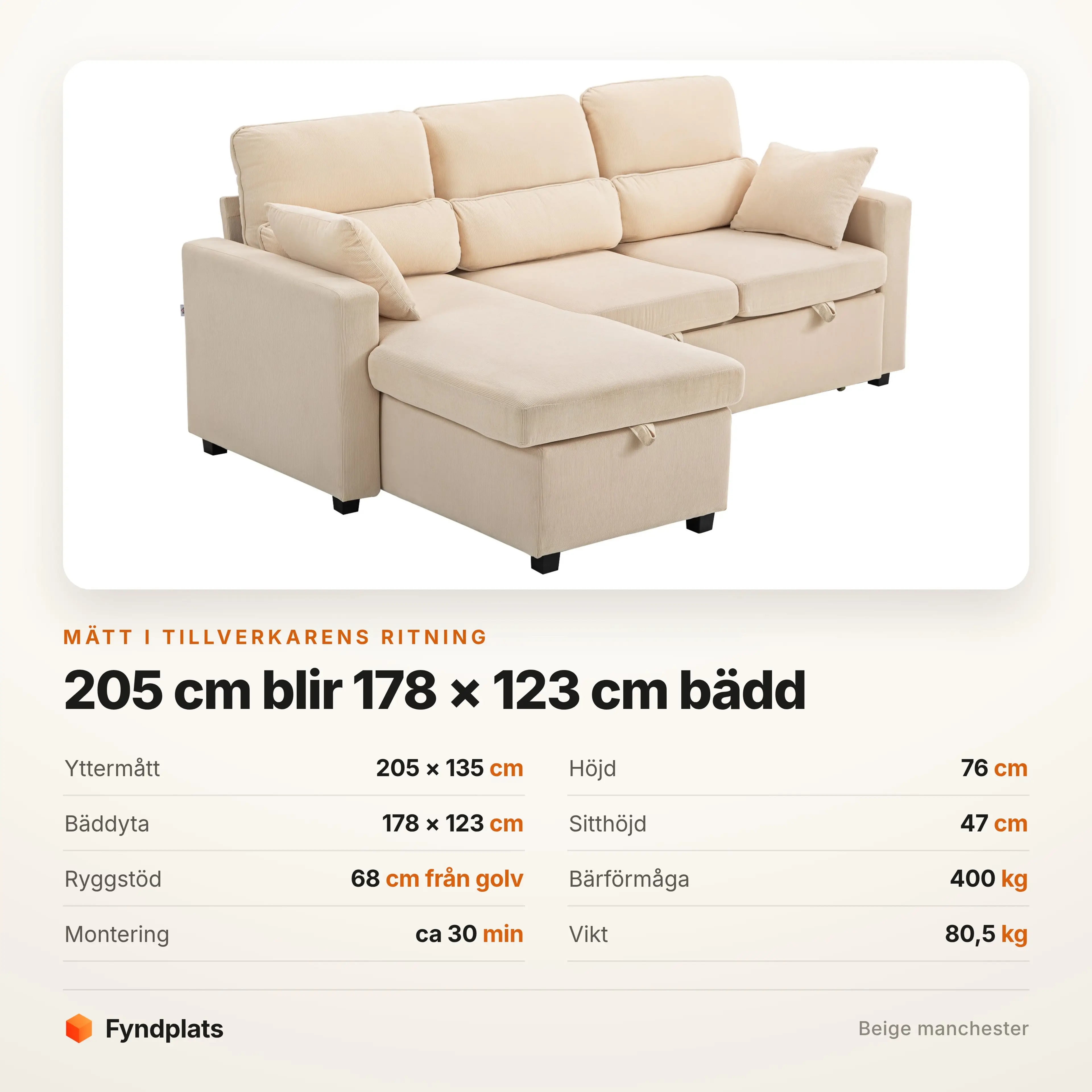Specifikationer: 205 × 135 cm, bädd 178 × 123 cm, bär 400 kg