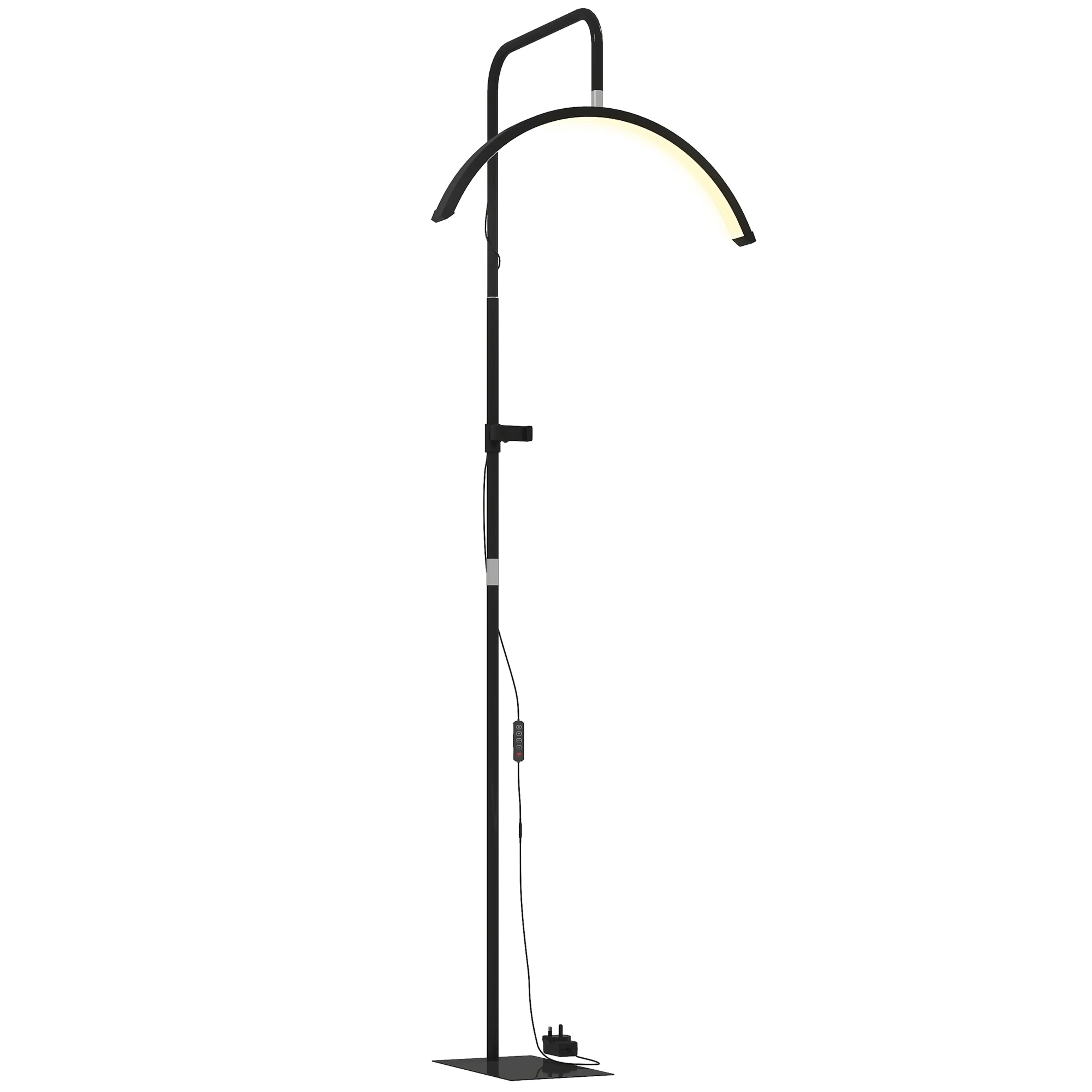 Svart golvlampa med halvmåneformad ljusbåge på en böjd arm och en platt fot