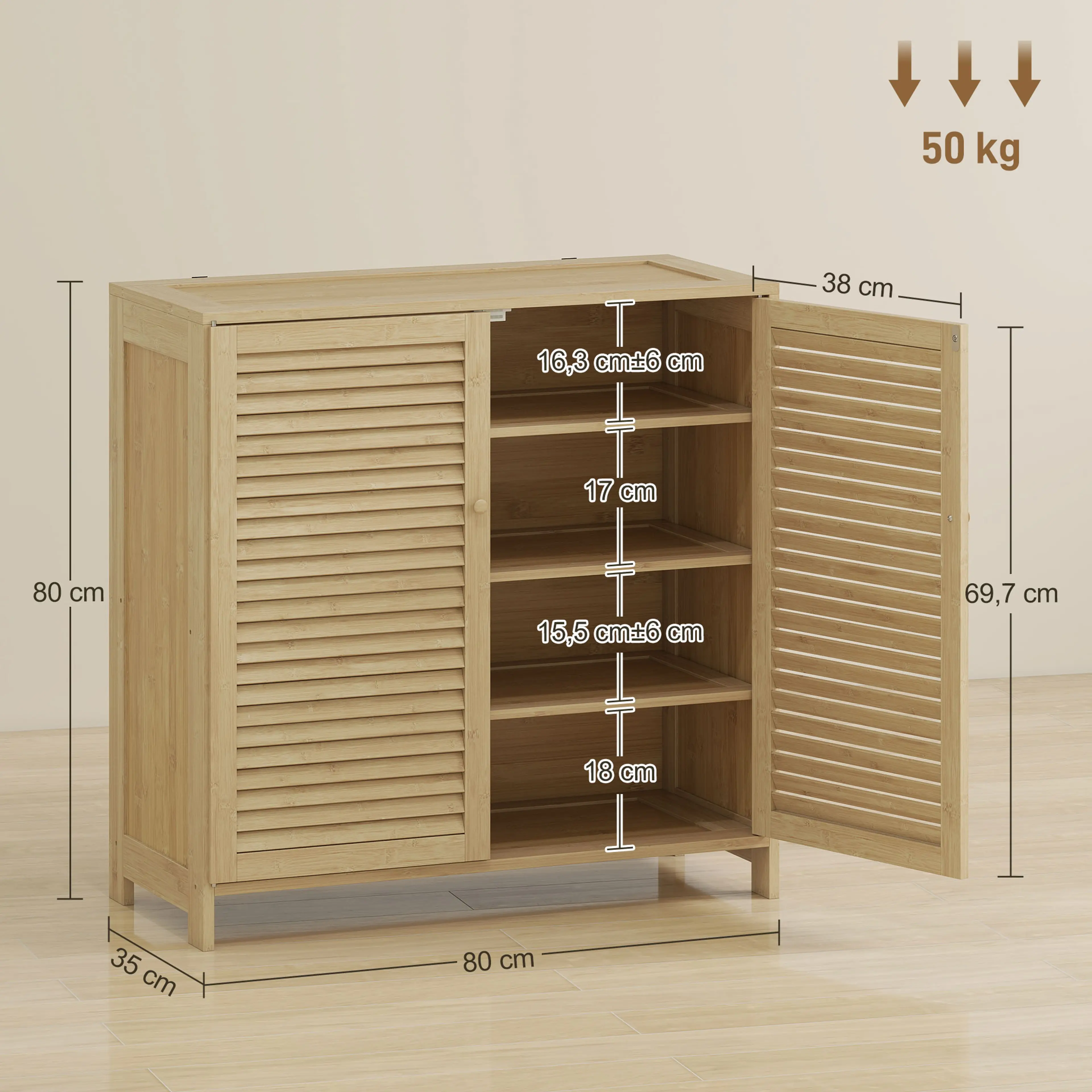 Måttbild: skoskåpet är 80 cm brett, 35 cm djupt och 80 cm högt, 69,7 cm högt invändigt, och tål 50 kg