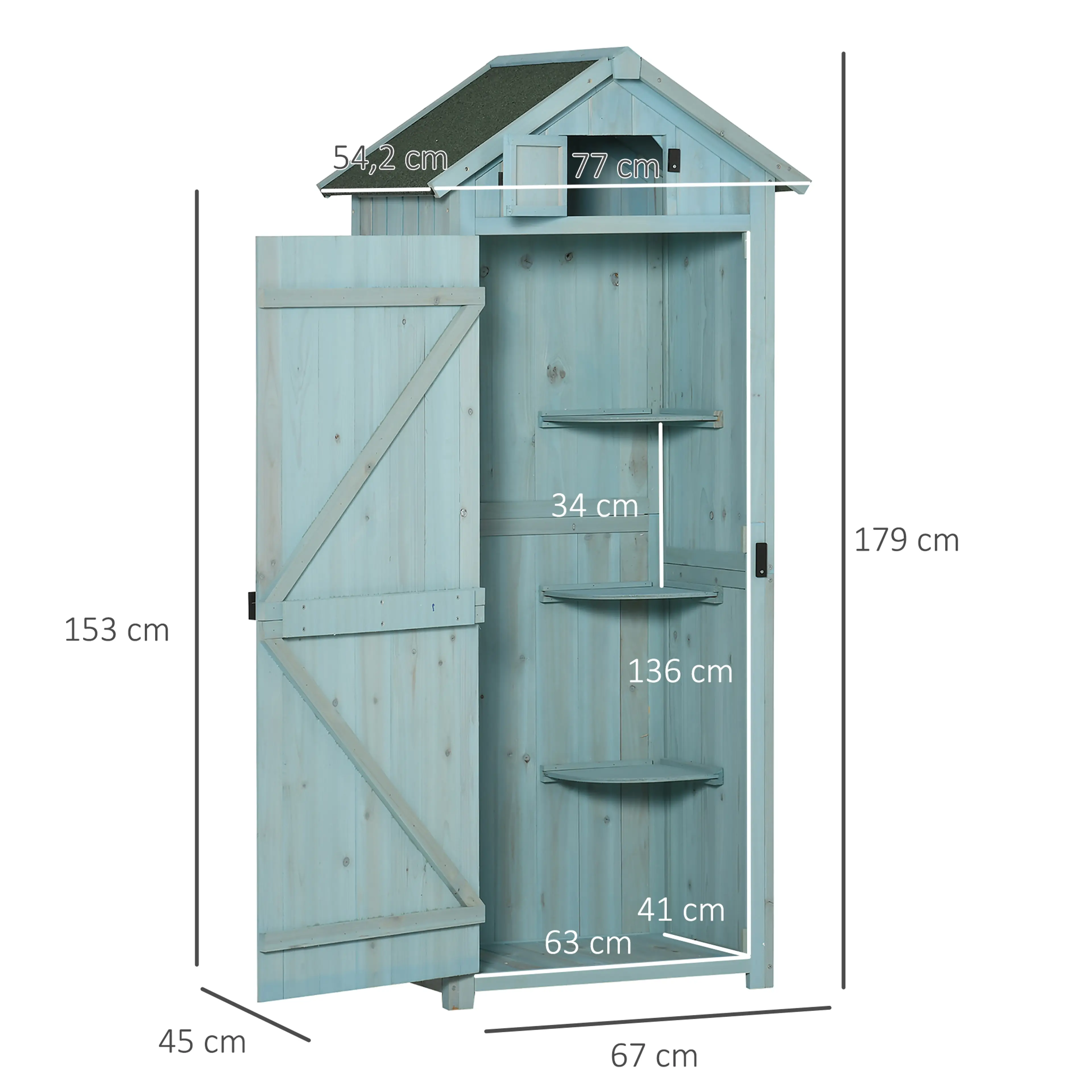 Måttritning: 77 cm brett, 54,2 cm djupt och 179 cm högt, 34 cm mellan hyllorna