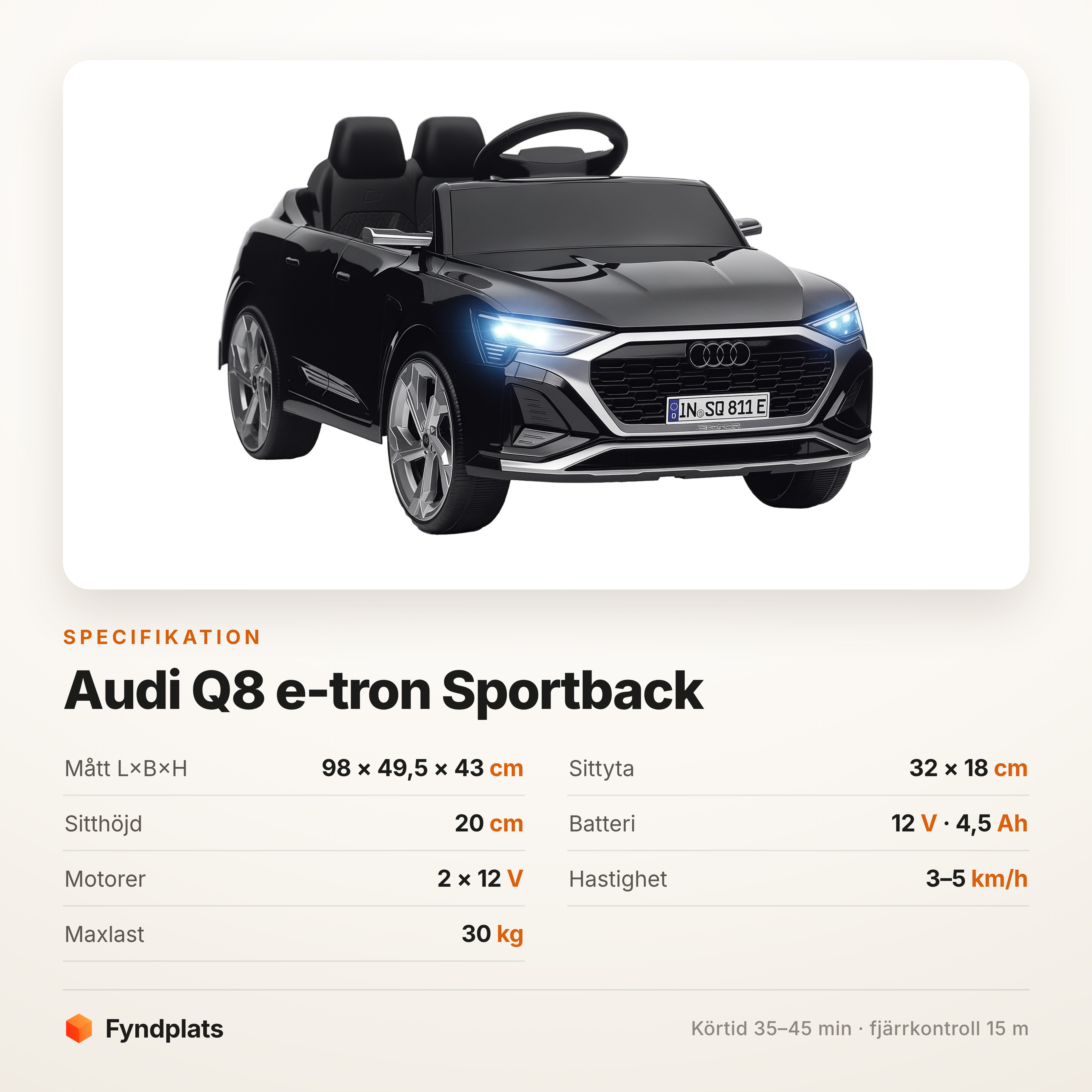 Fyndplats specifikationskort för elbil barn Audi Q8 e-tron Sportback: 98 × 49,5 × 43 cm, sittyta 32 × 18 cm, 12 V 4,5 Ah, två motorer, 3–5 km/h, max 30 kg.
