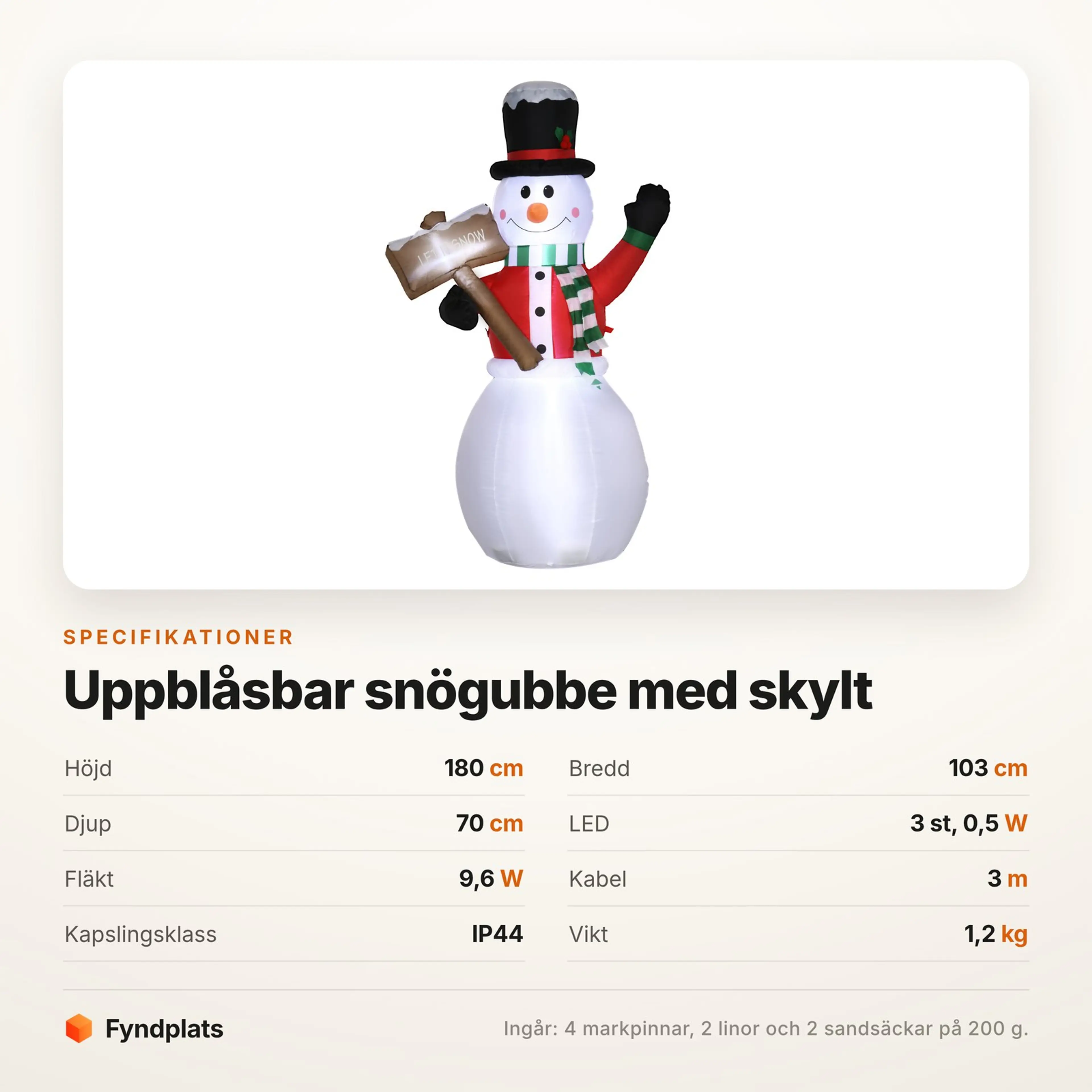 Specifikationskort för uppblåsbar snögubbe: 180 cm hög, 103 cm bred, 3 LED och IP44