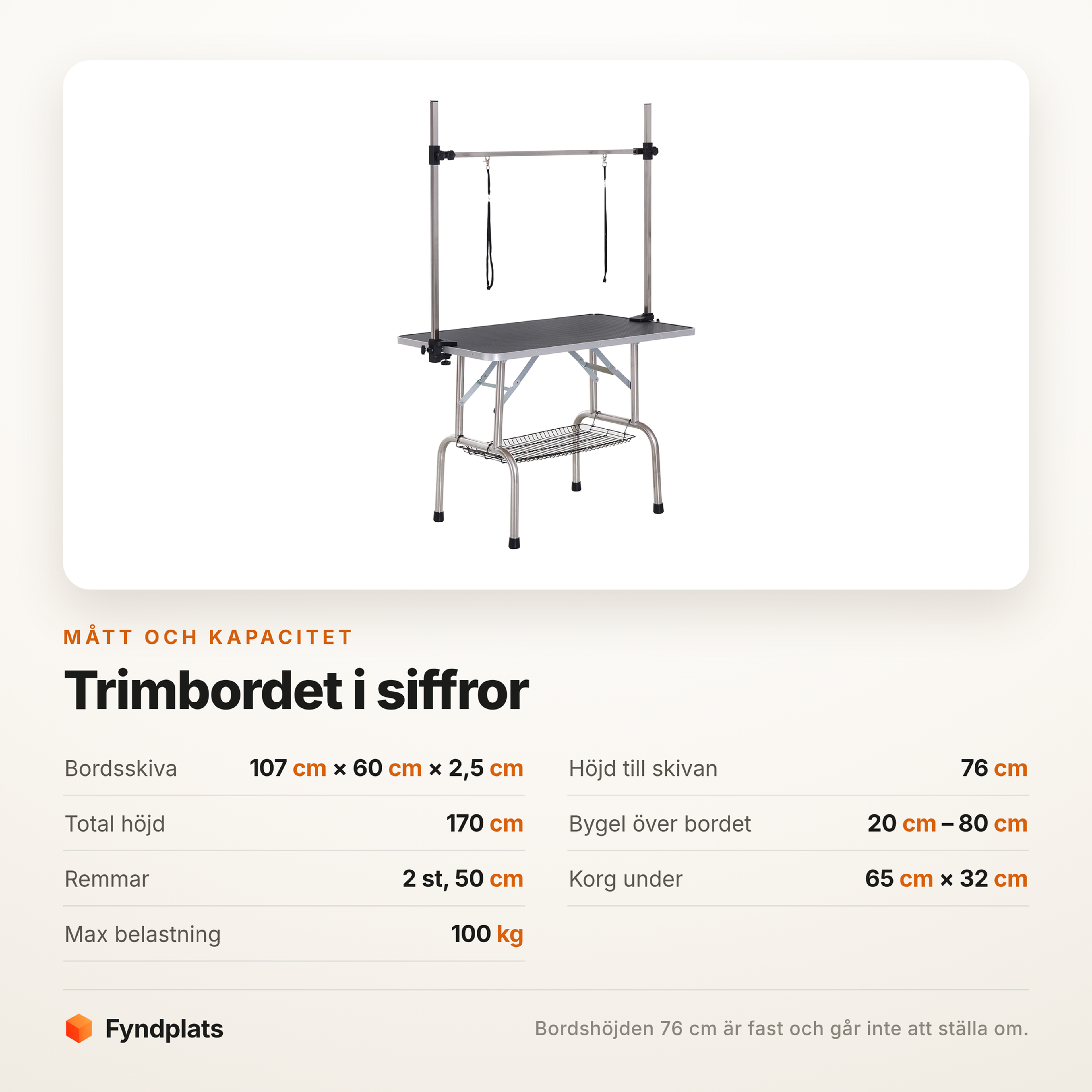 Specifikationstabell för trimbordet: mått, bygel, korg och belastning
