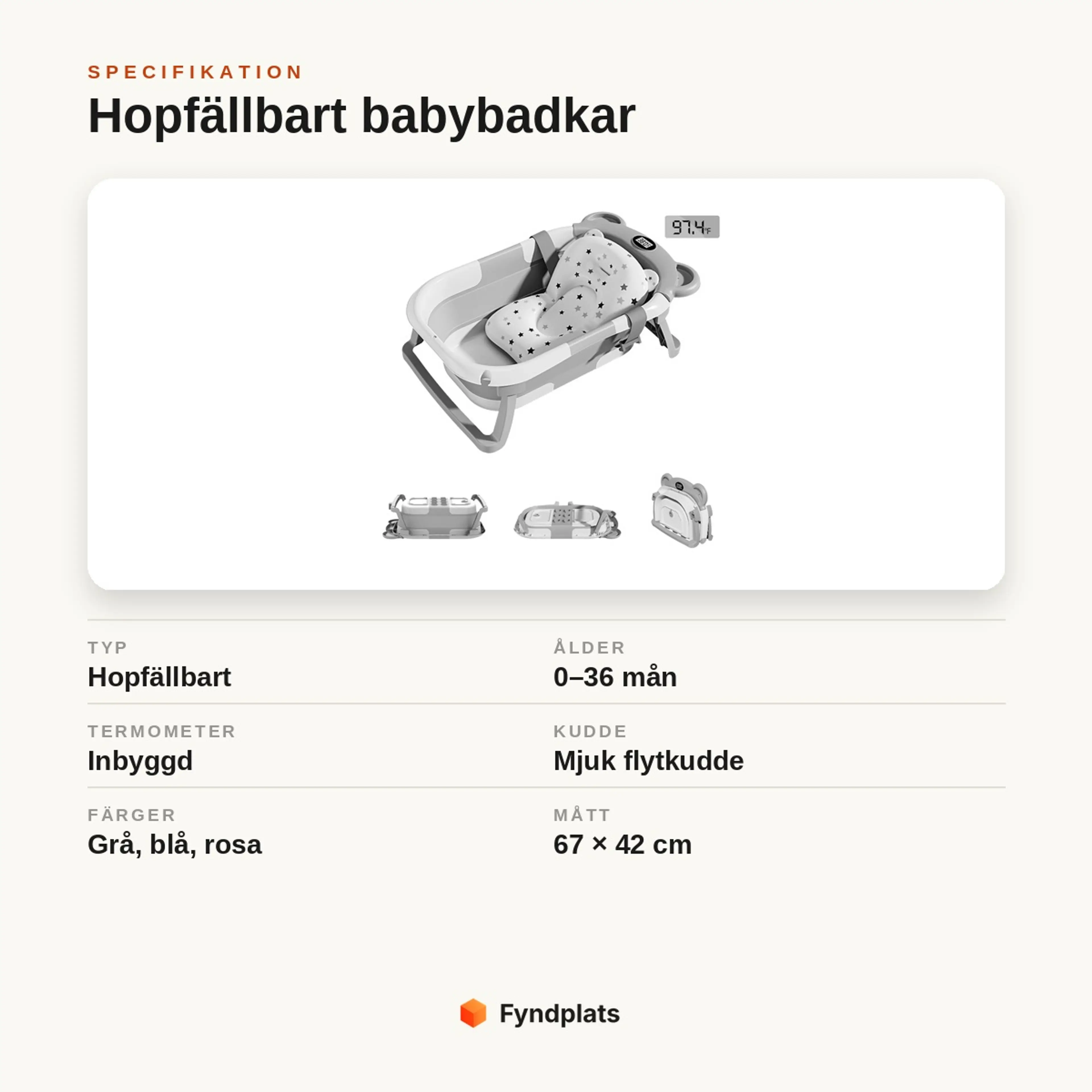 Hopfällbart babybadkar med termometer – portabelt resebadkar för 0–36 mån