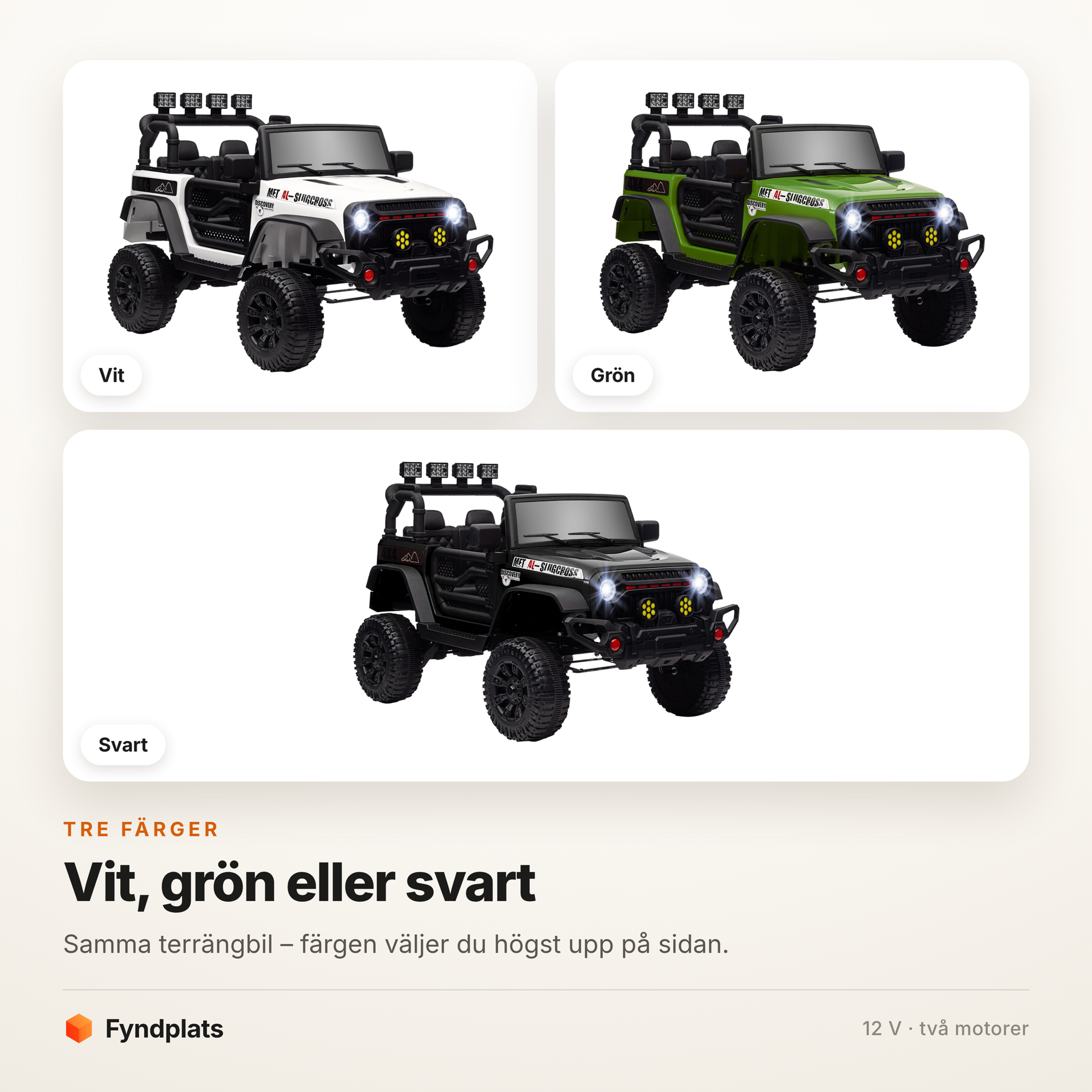 Fyndplats färgkort som visar terrängbilen för barn i vitt, grönt och svart – tre olika exemplar.