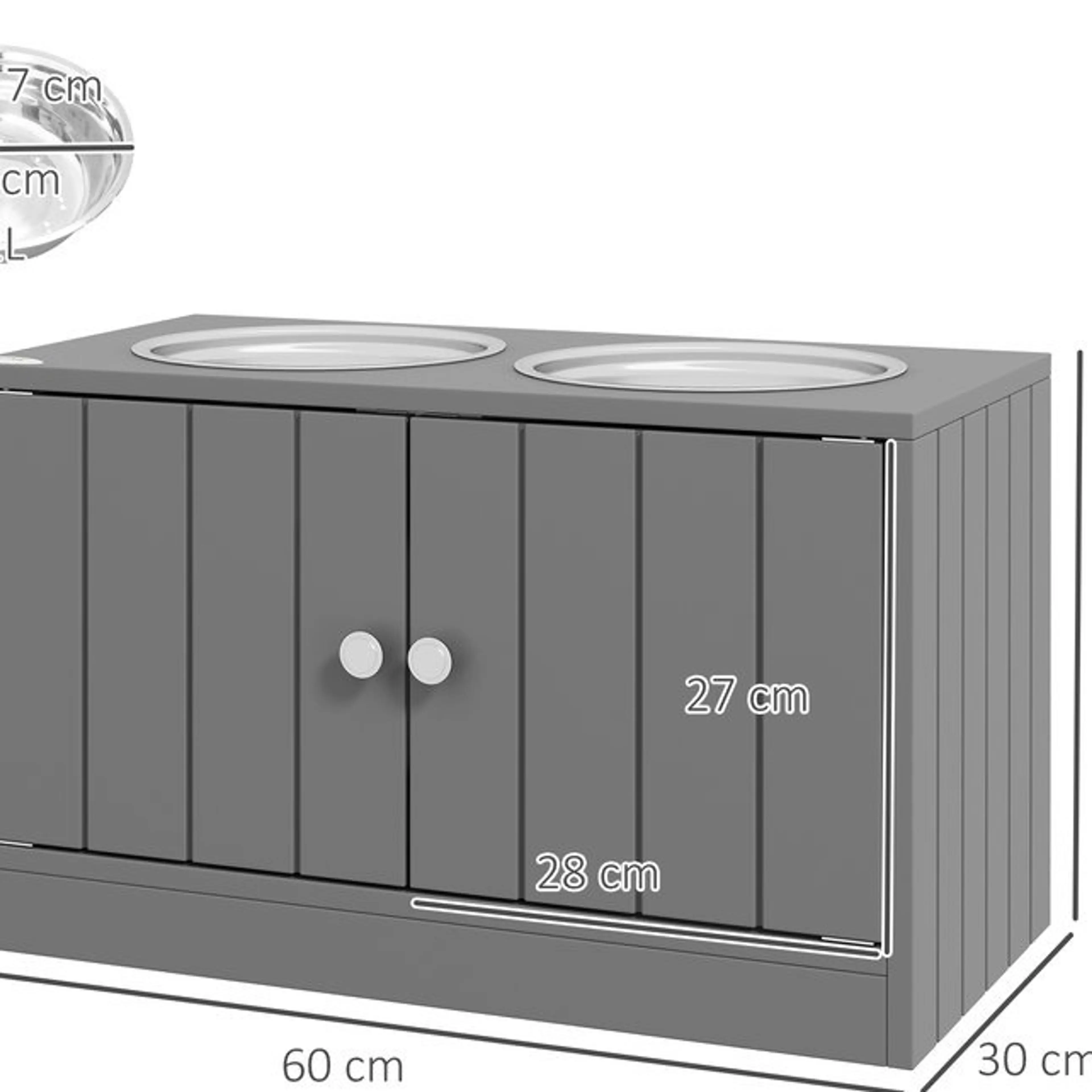 Måttritning: 60 cm brett, 30 cm djupt och 35,5 cm högt, lucka 28 × 27 cm, skål Ø 24 × 7 cm