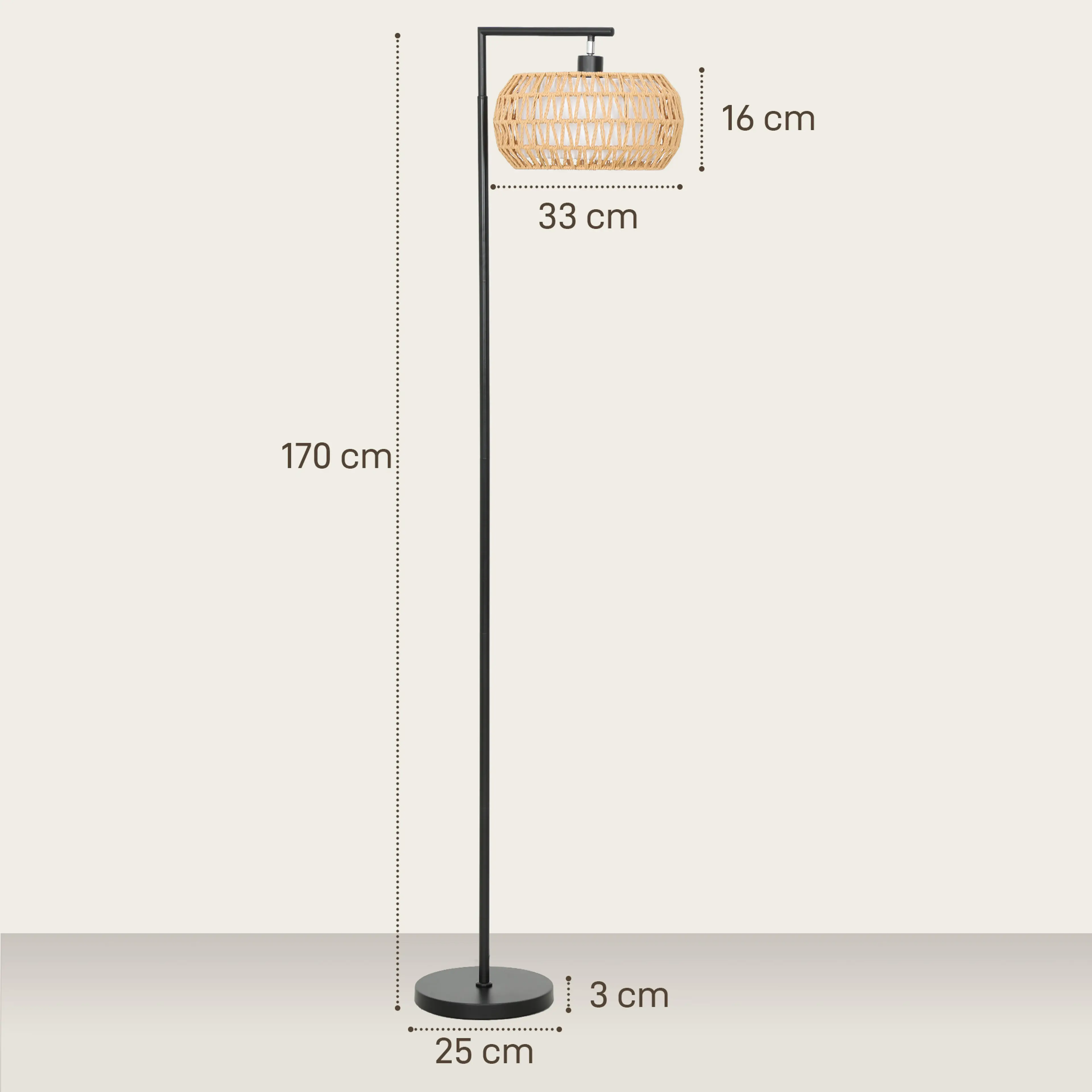 Måttritning med skärm 33 cm bred och 16 cm hög, totalhöjd 170 cm och fot Ø25 cm
