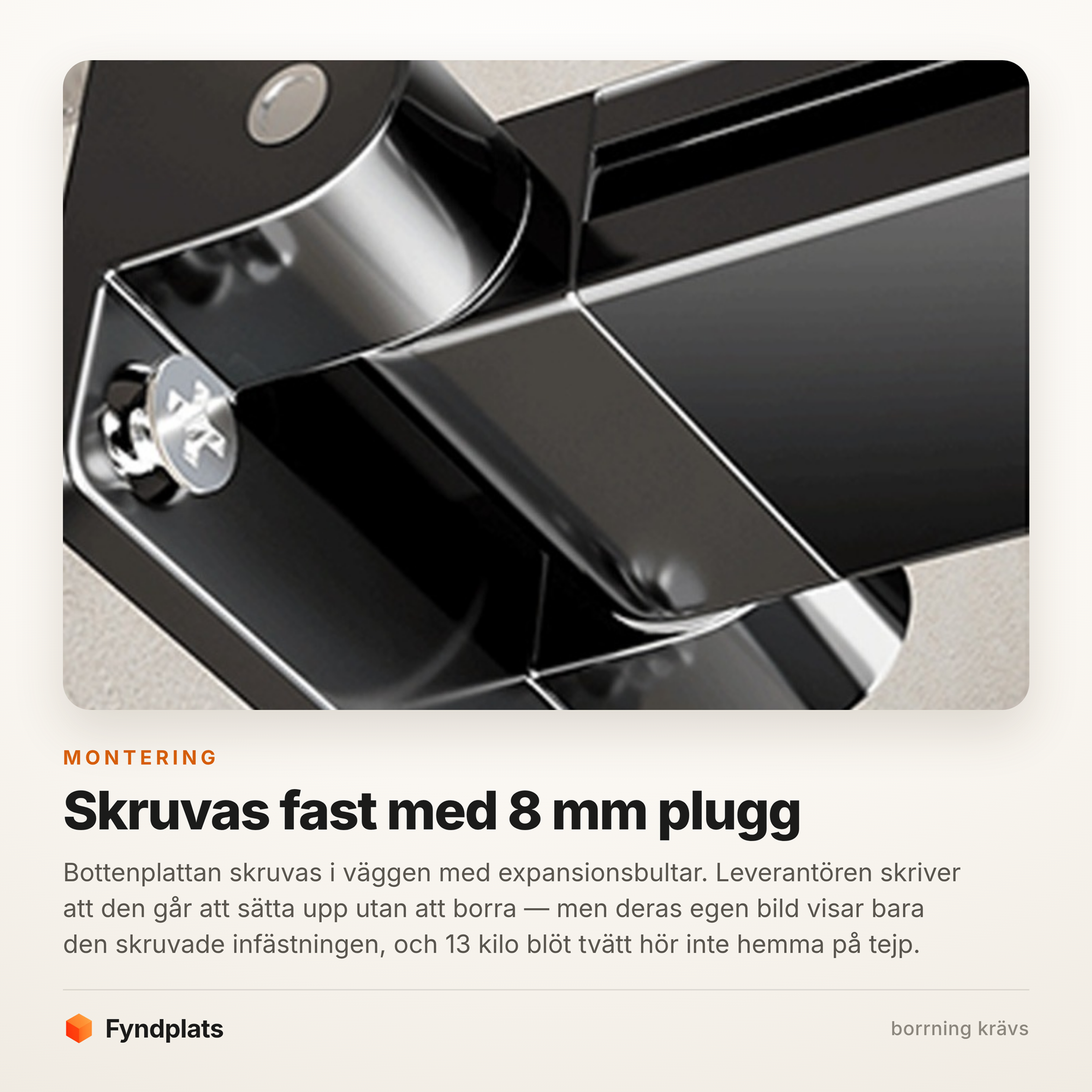 Bottenplattan skruvas i väggen med 8 mm expansionsbultar