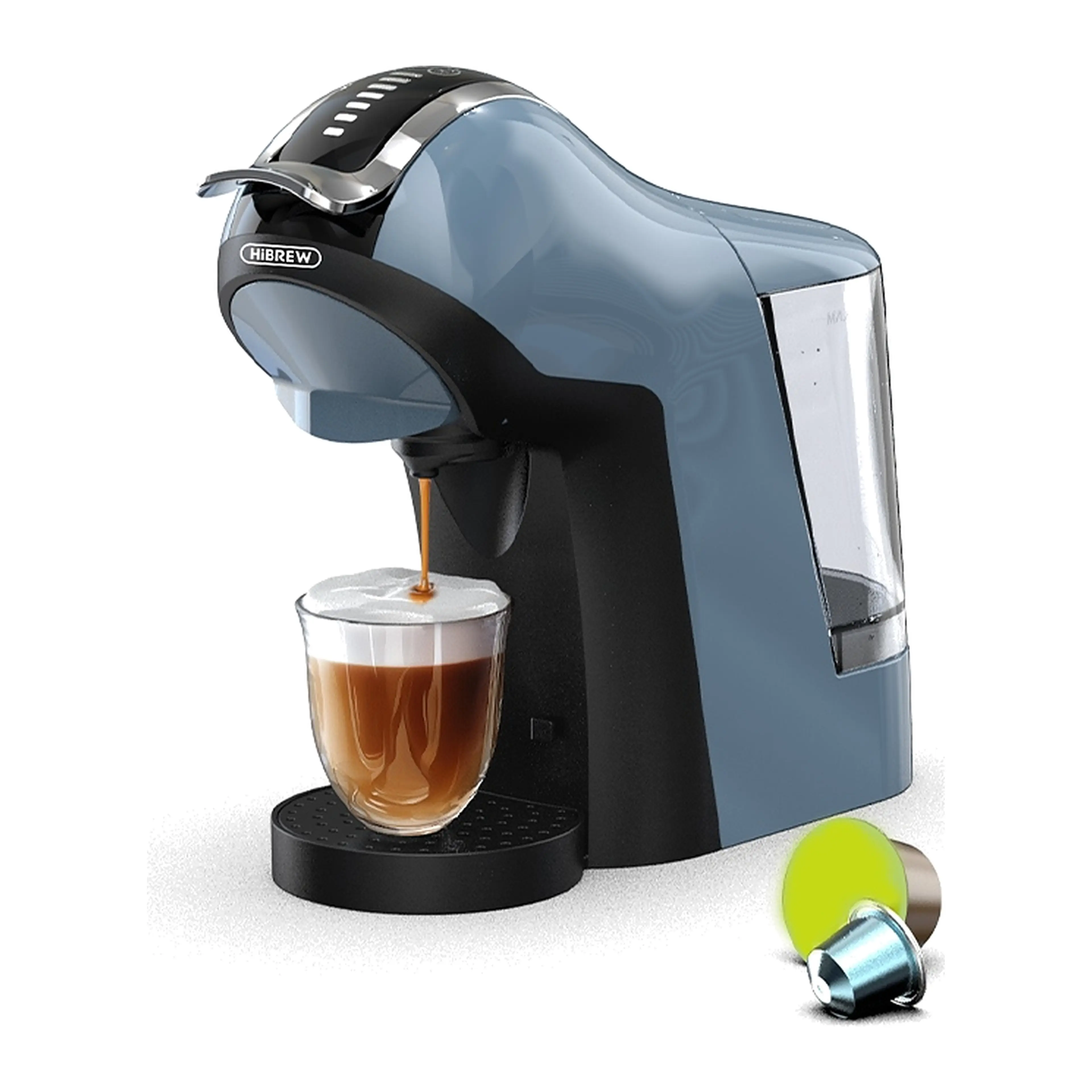 Kapselmaskin HiBREW H17 med touchpanel, snett framifrån med espressokopp och två kapslar