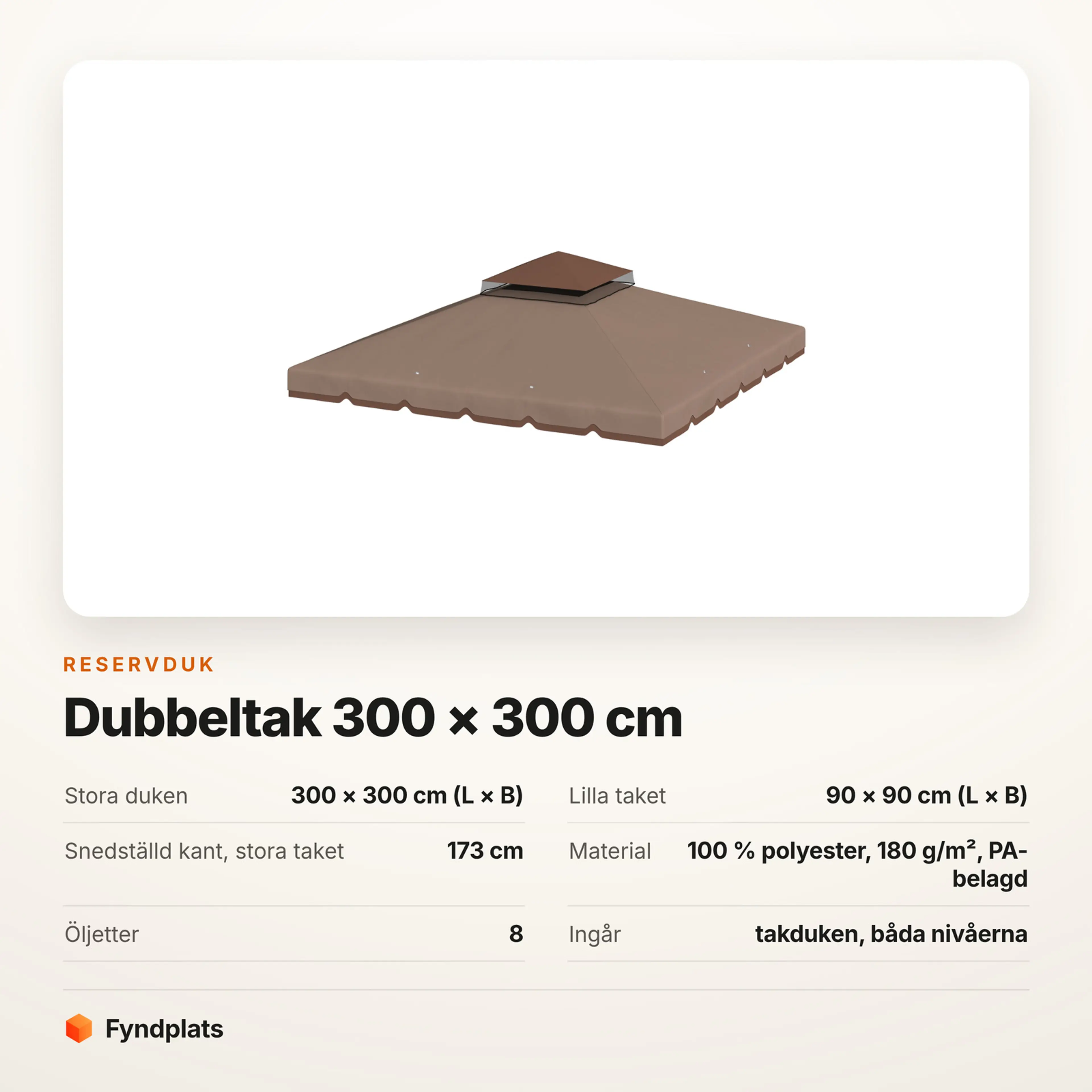 Faktakort för den gråbruna duken: 300 × 300 cm, litet tak 90 × 90 cm, snedställd kant 173 cm och åtta öljetter