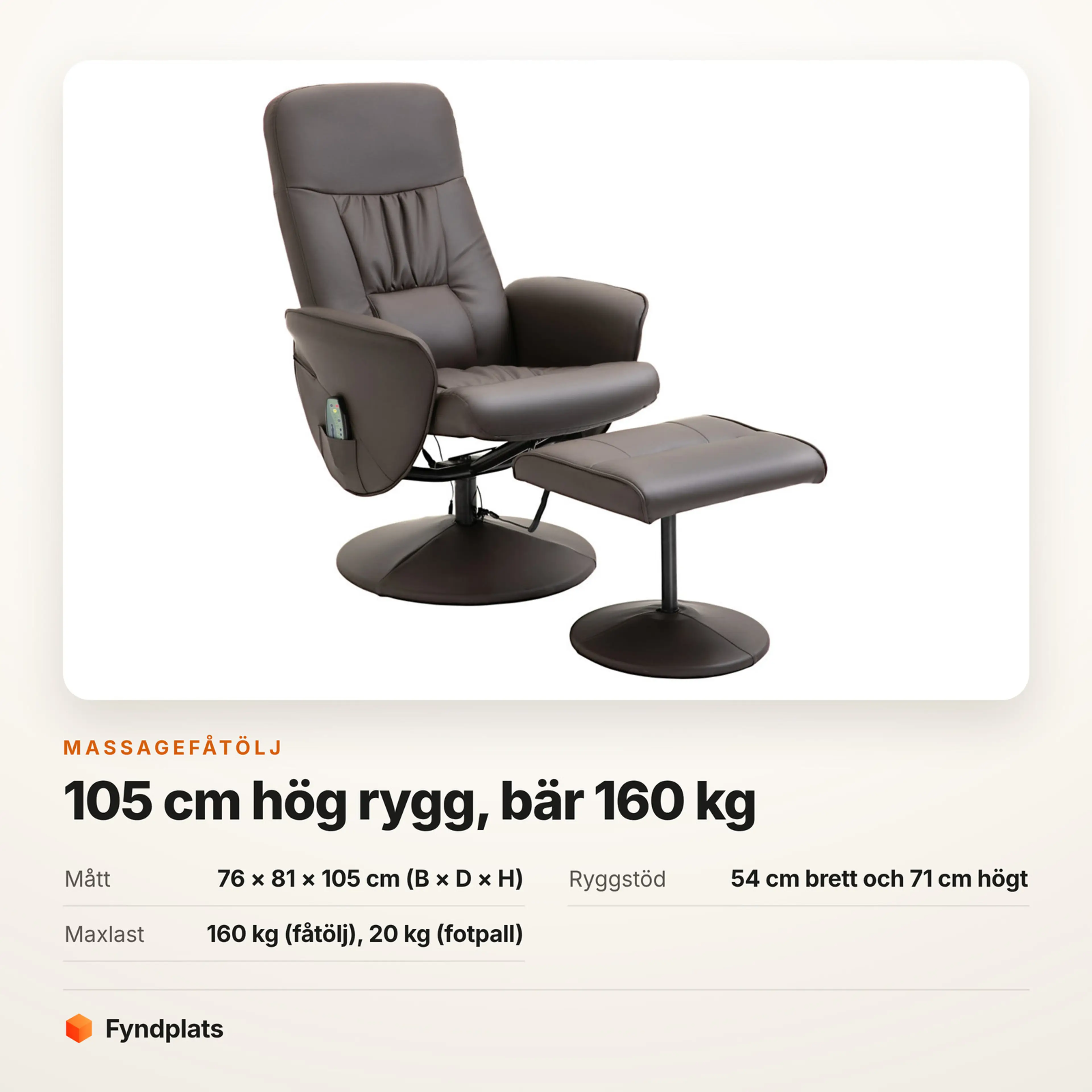 Fyndplats produktkort: brun massagefåtölj med 105 cm hög rygg, mått och maxlast