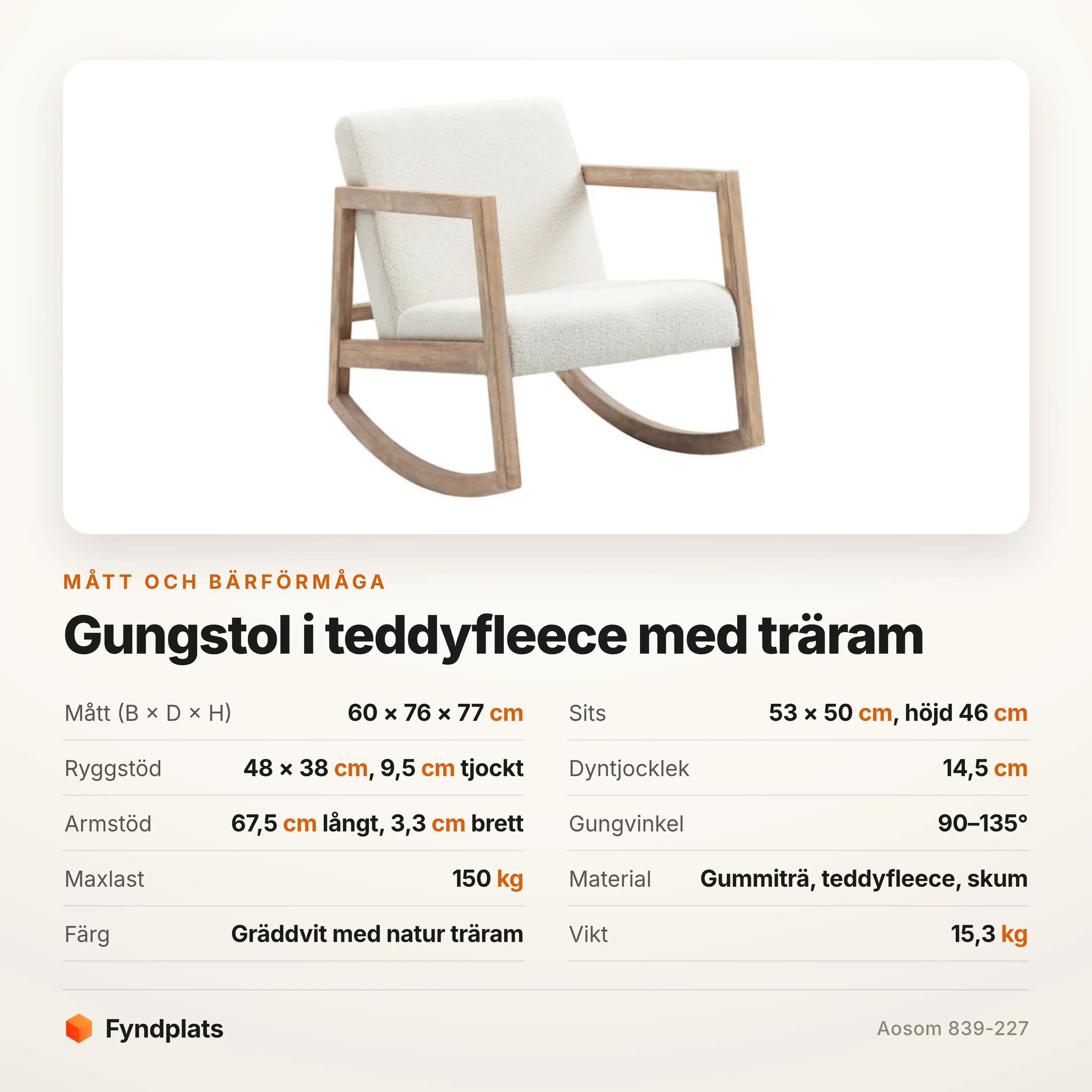 Specifikationskort med mått, gungvinkel och maxlast för gungstolen