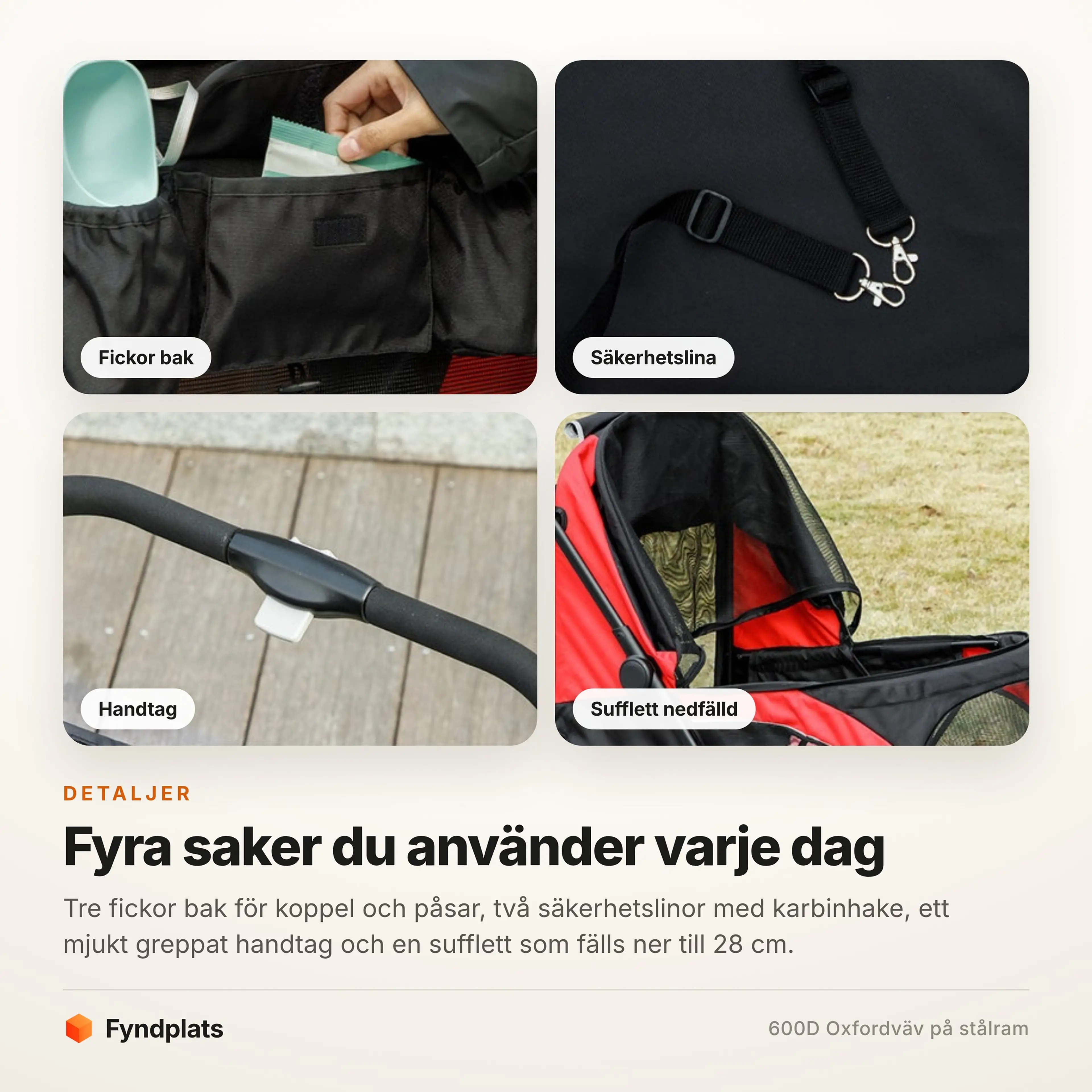 Detaljer: fickor bak, säkerhetslina med karbinhake, handtag och nedfälld sufflett