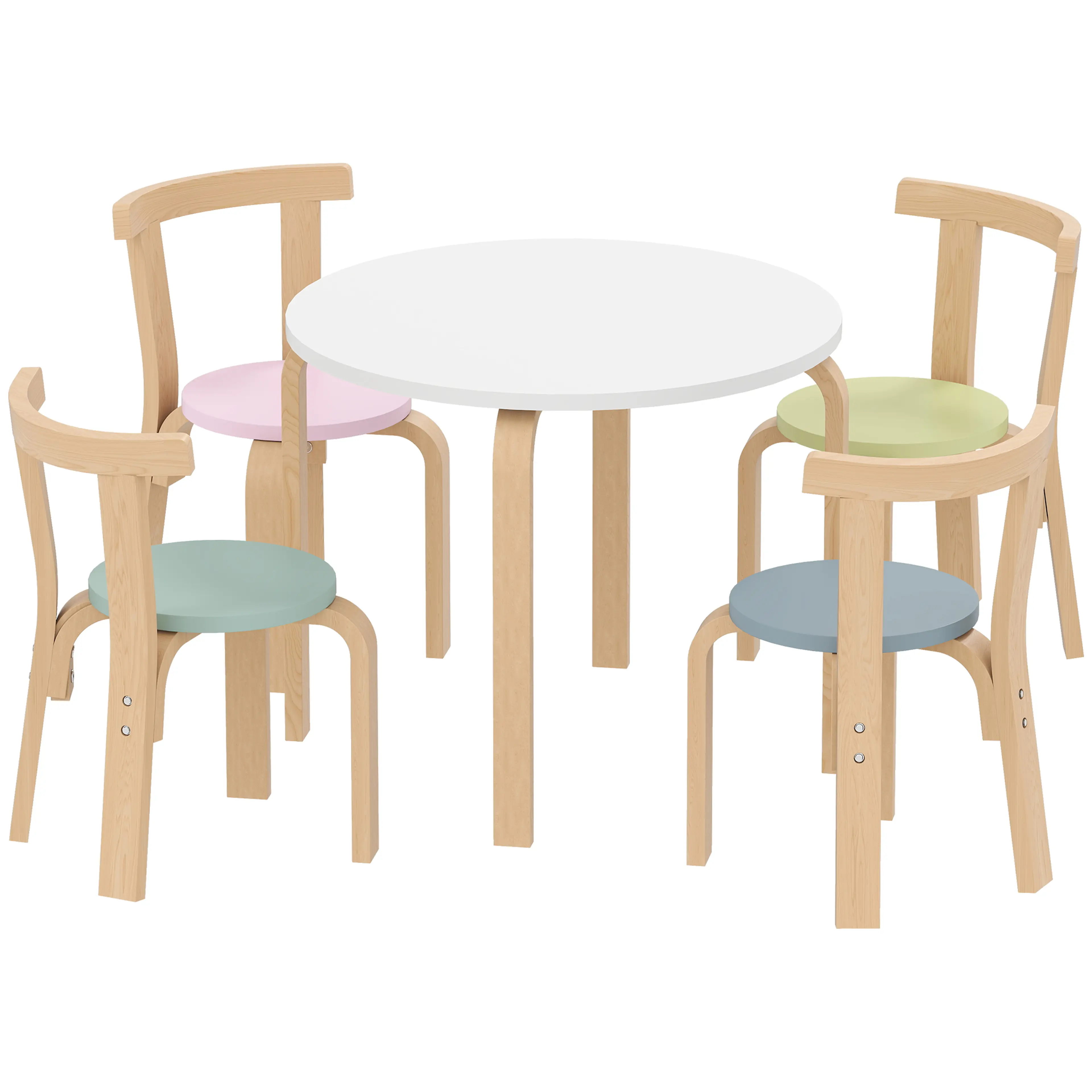Barnbord och fyra stolar i trä – runt bord 60 cm, sitsar i pastellfärger, 3–8 år