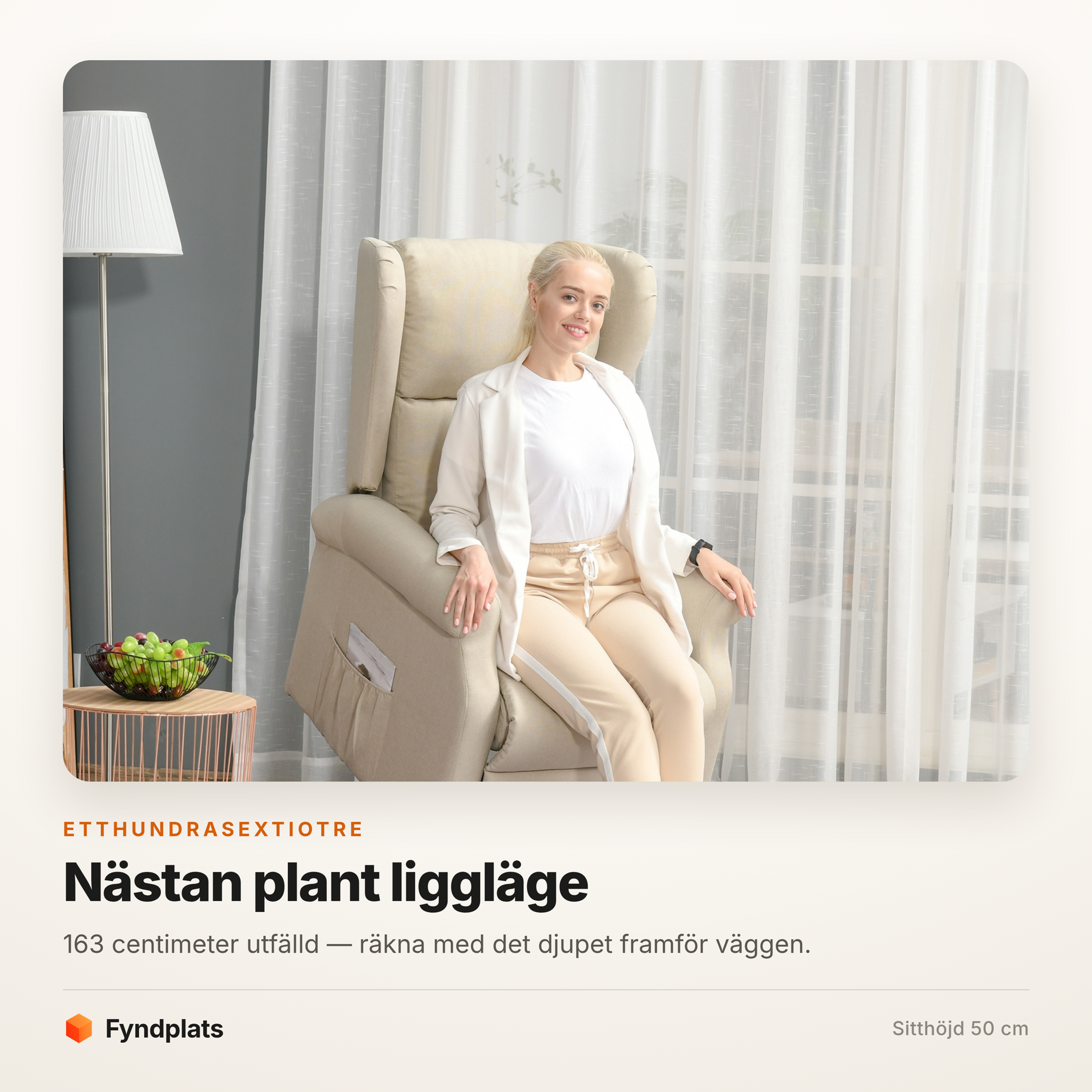 Uppresningsfåtölj cremevit som bär 200 kg – 163 cm liggläge, sitthöjd 50 cm – bild 2