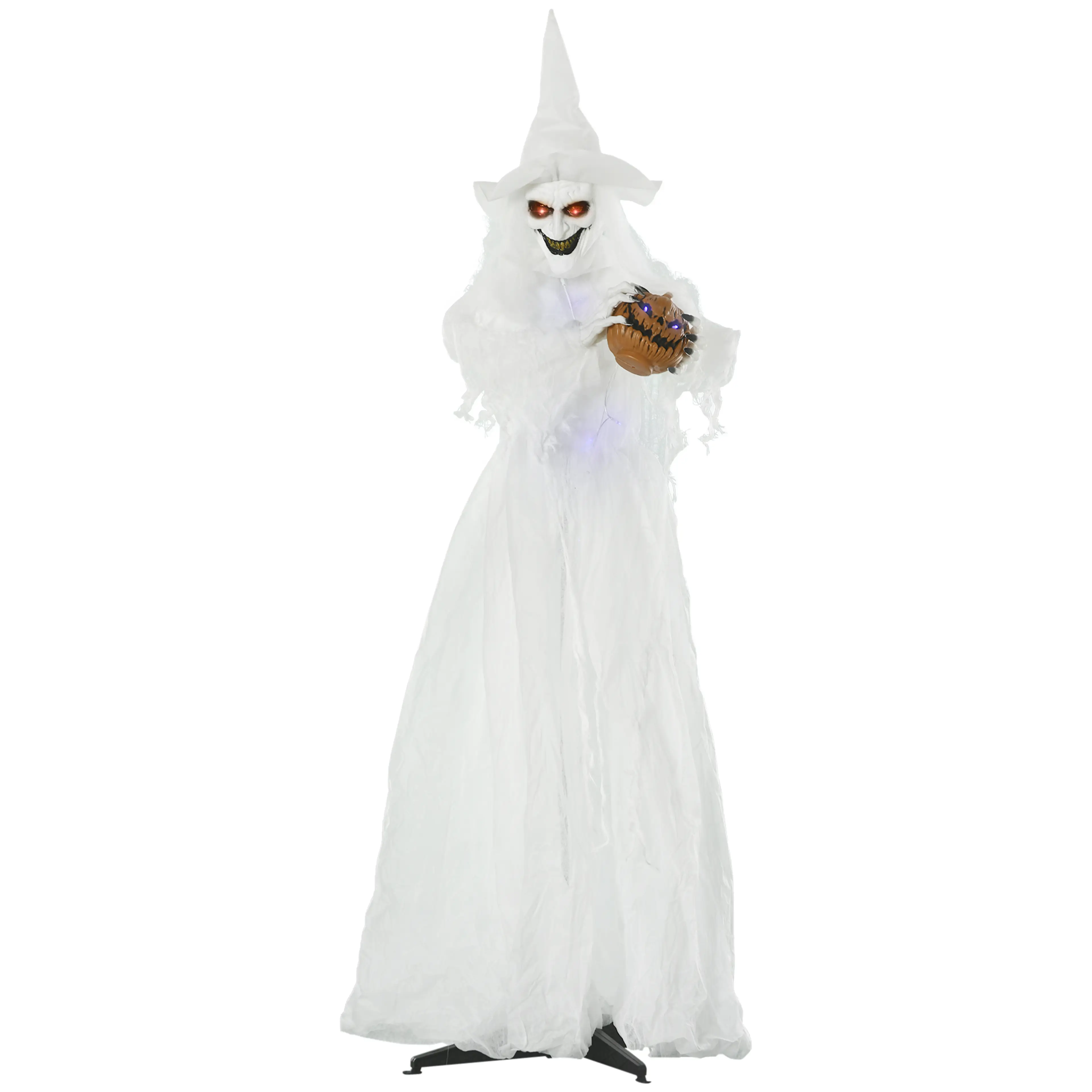 Vit häxa till halloween med spetsig hatt, röda ögon och en pumpa i händerna