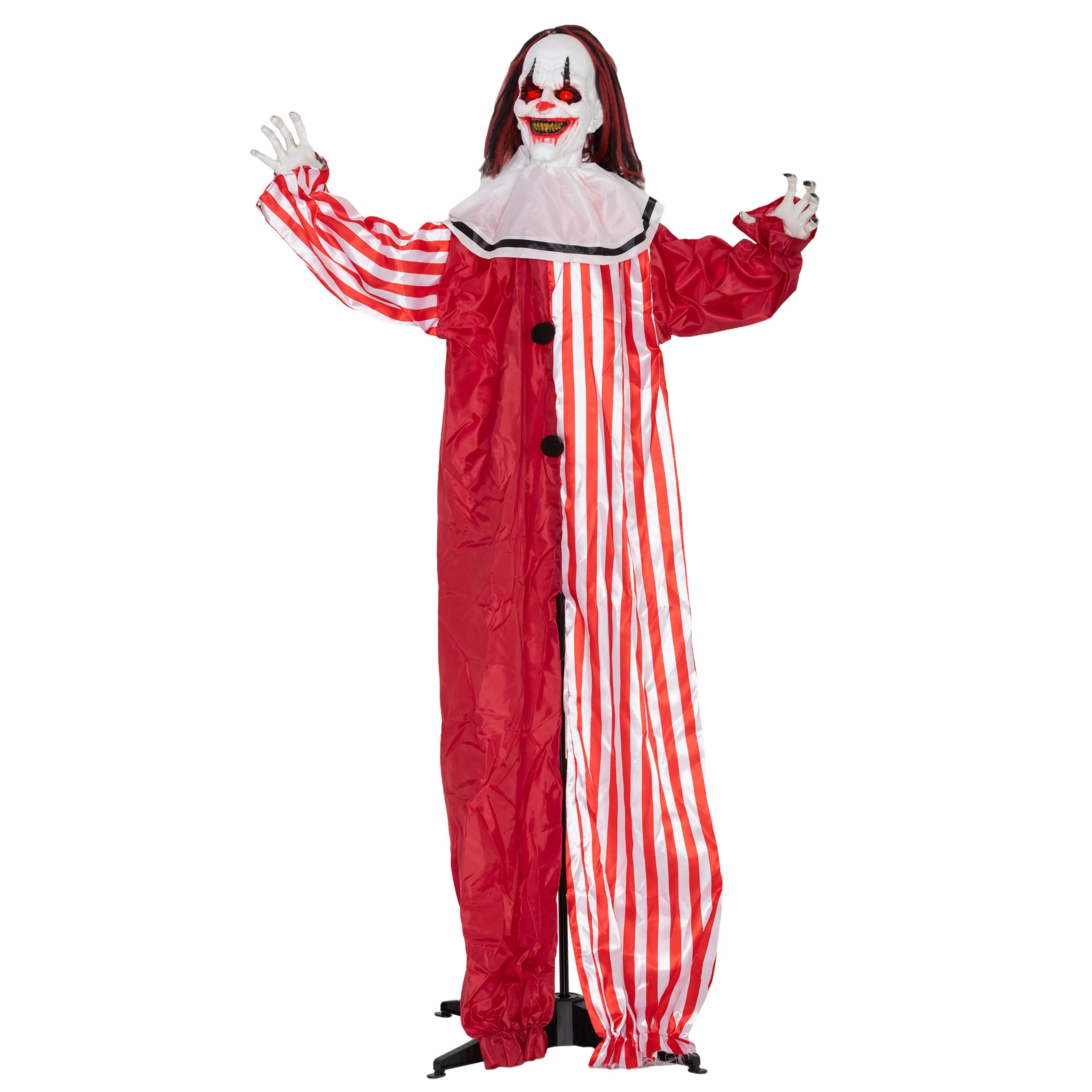 Stående halloweenclown i rött och rödvitrandigt med vit krage, på vit bakgrund