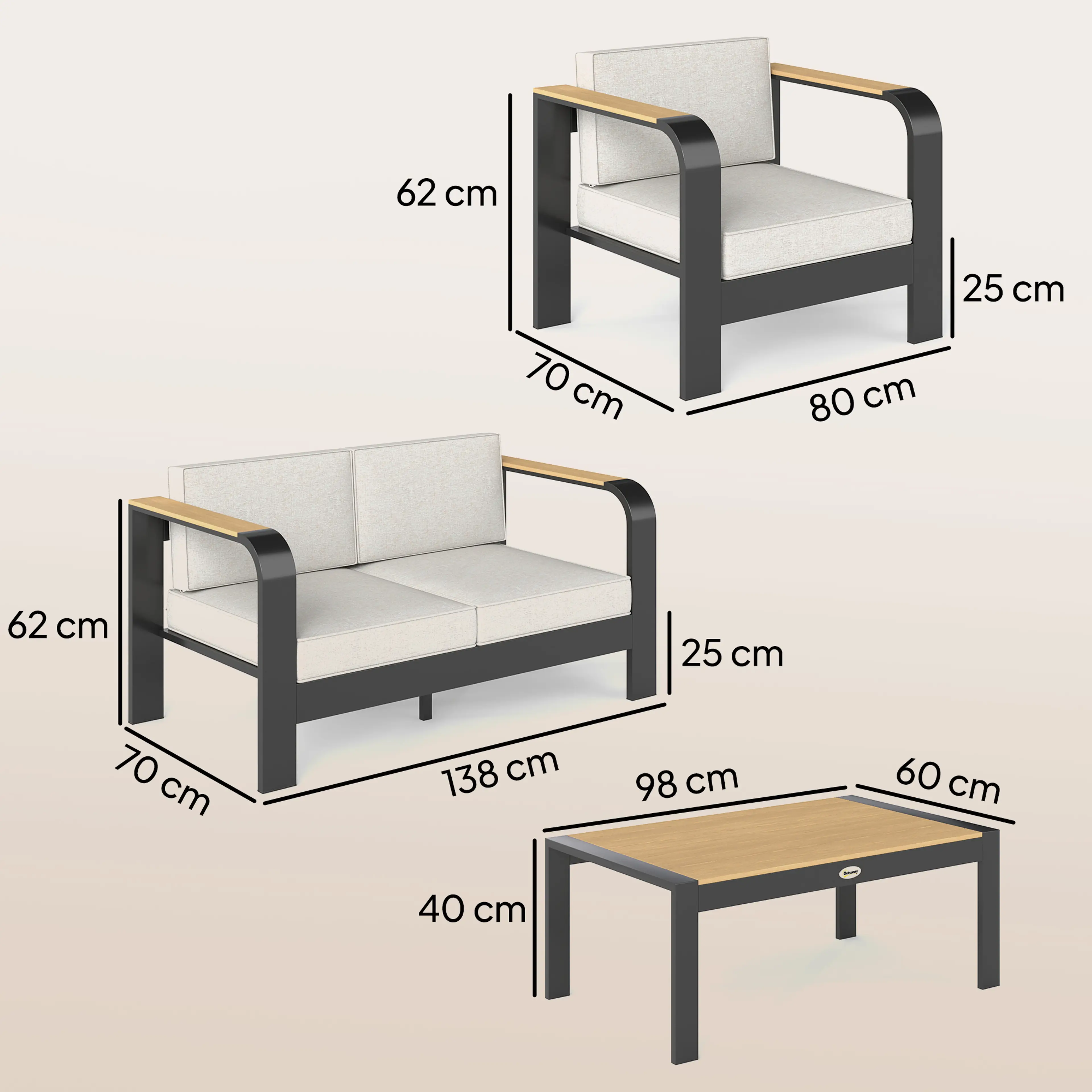 Måttritning: soffa 138 × 70 × 62 cm, fåtölj 80 × 70 cm och bord 98 × 60 × 40 cm
