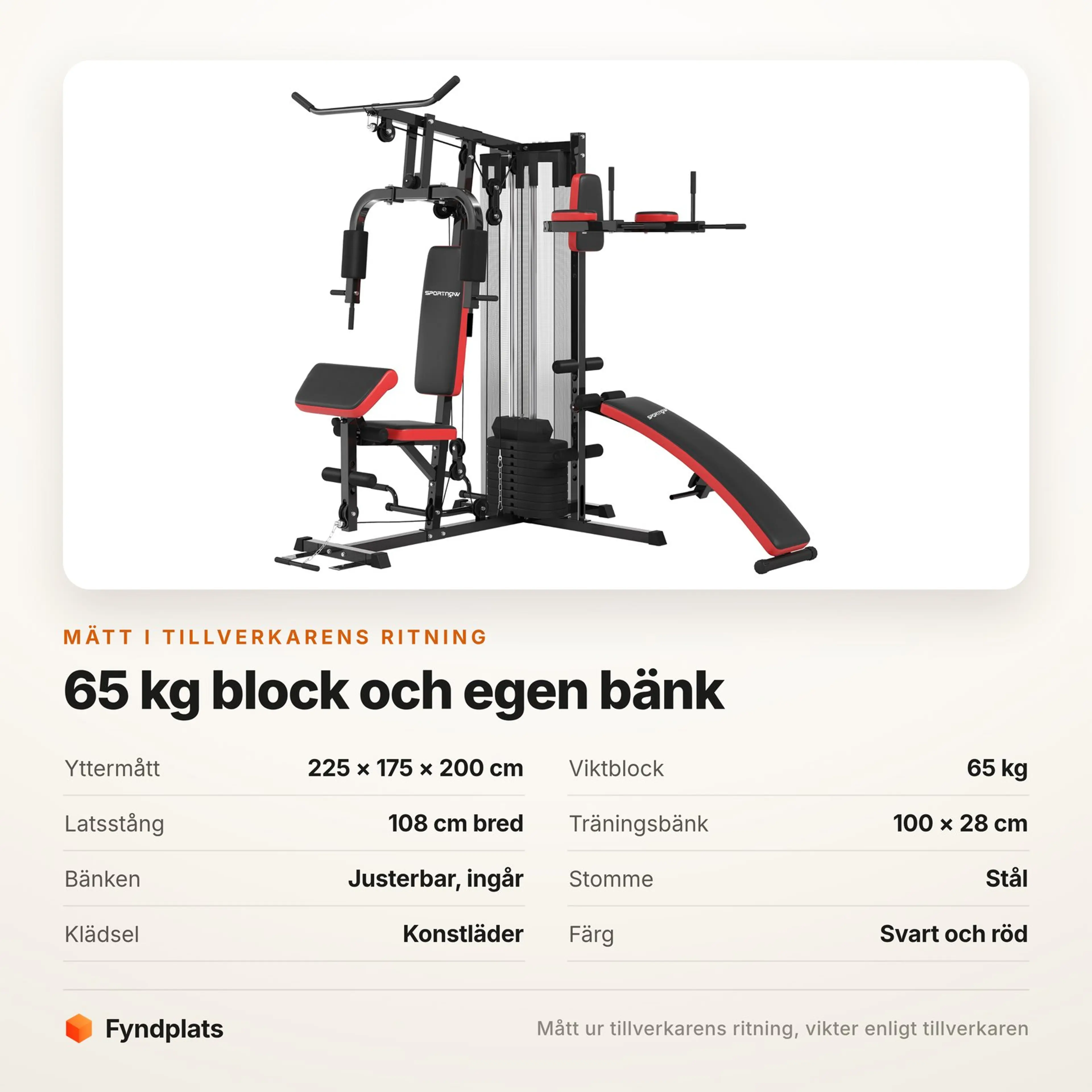 Fyndplats faktakort: mått, viktblock, latsstång och bänk