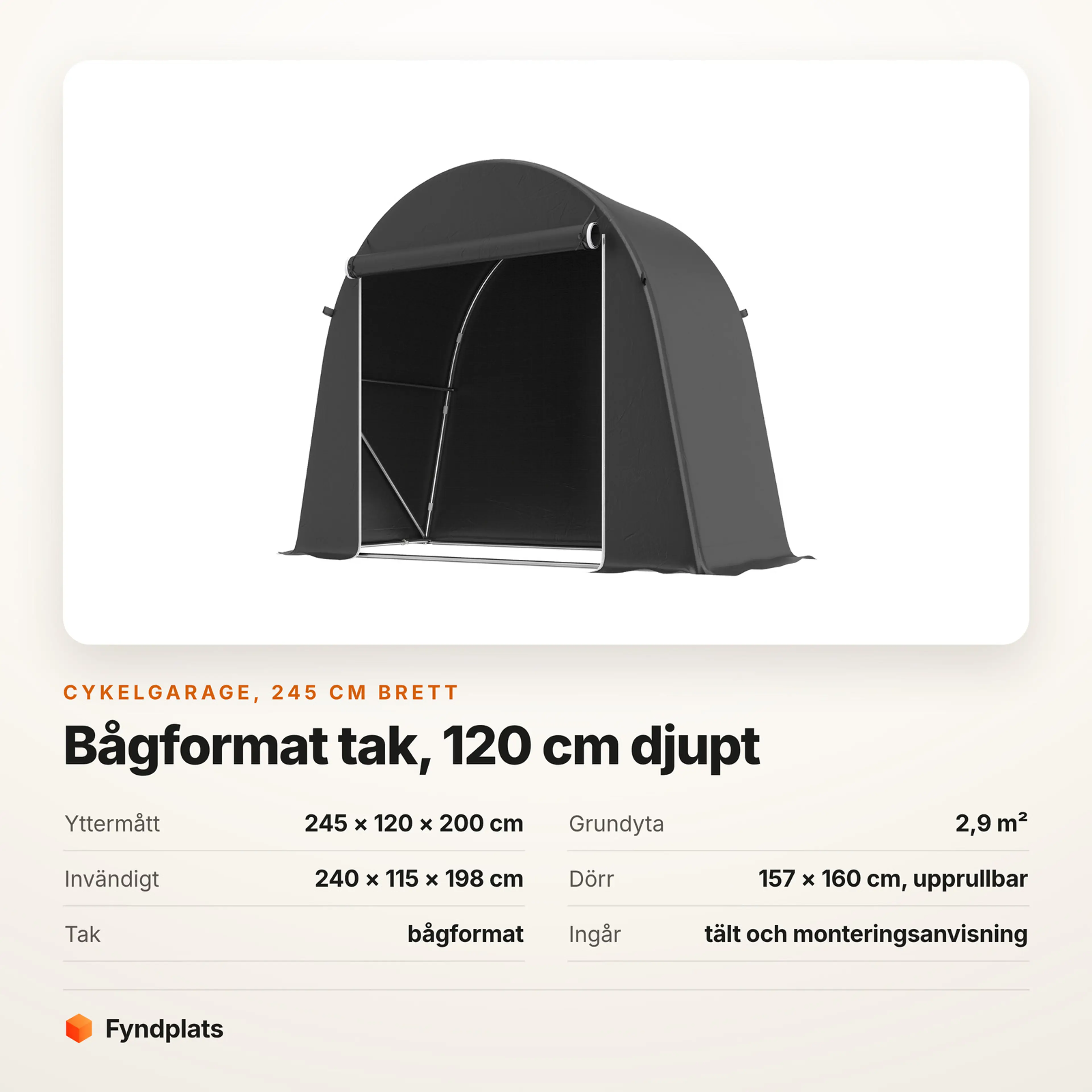 Faktakort för cykelgarage 245 cm brett med bågformat tak