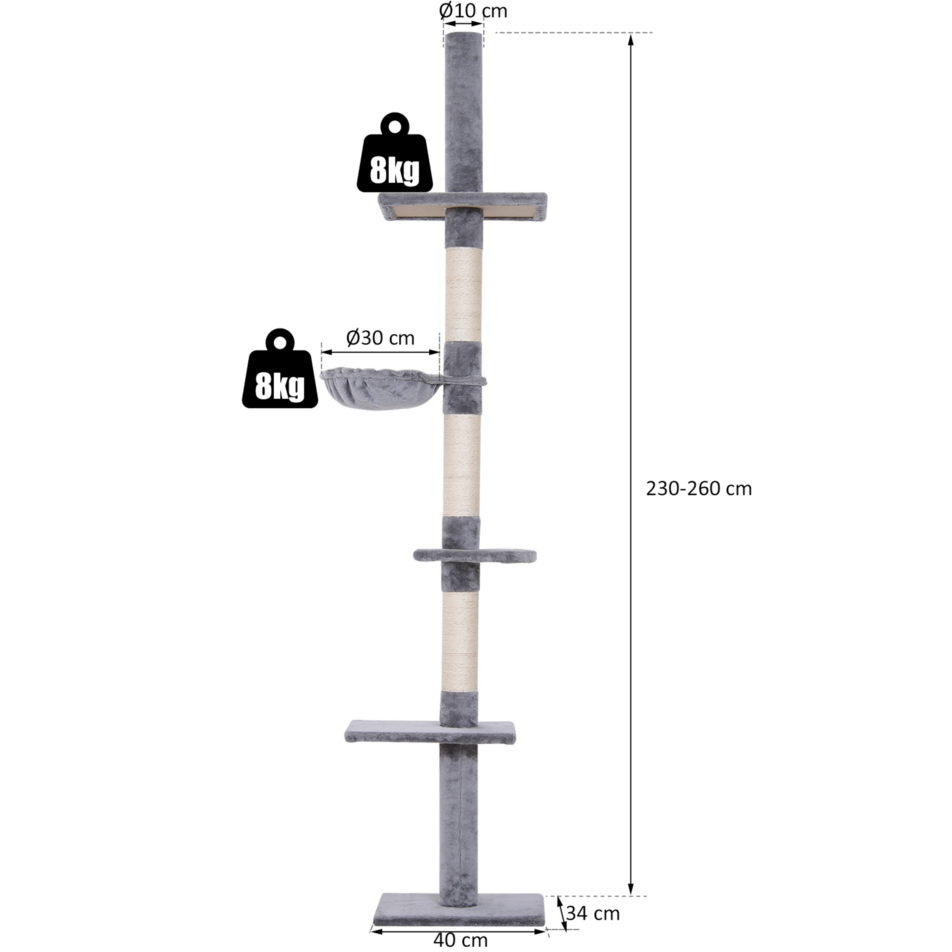 Måttskiss: 40 × 34 cm golvyta, 230–260 cm höjd, plan på 30 cm i diameter och 8 kg maxlast per plan