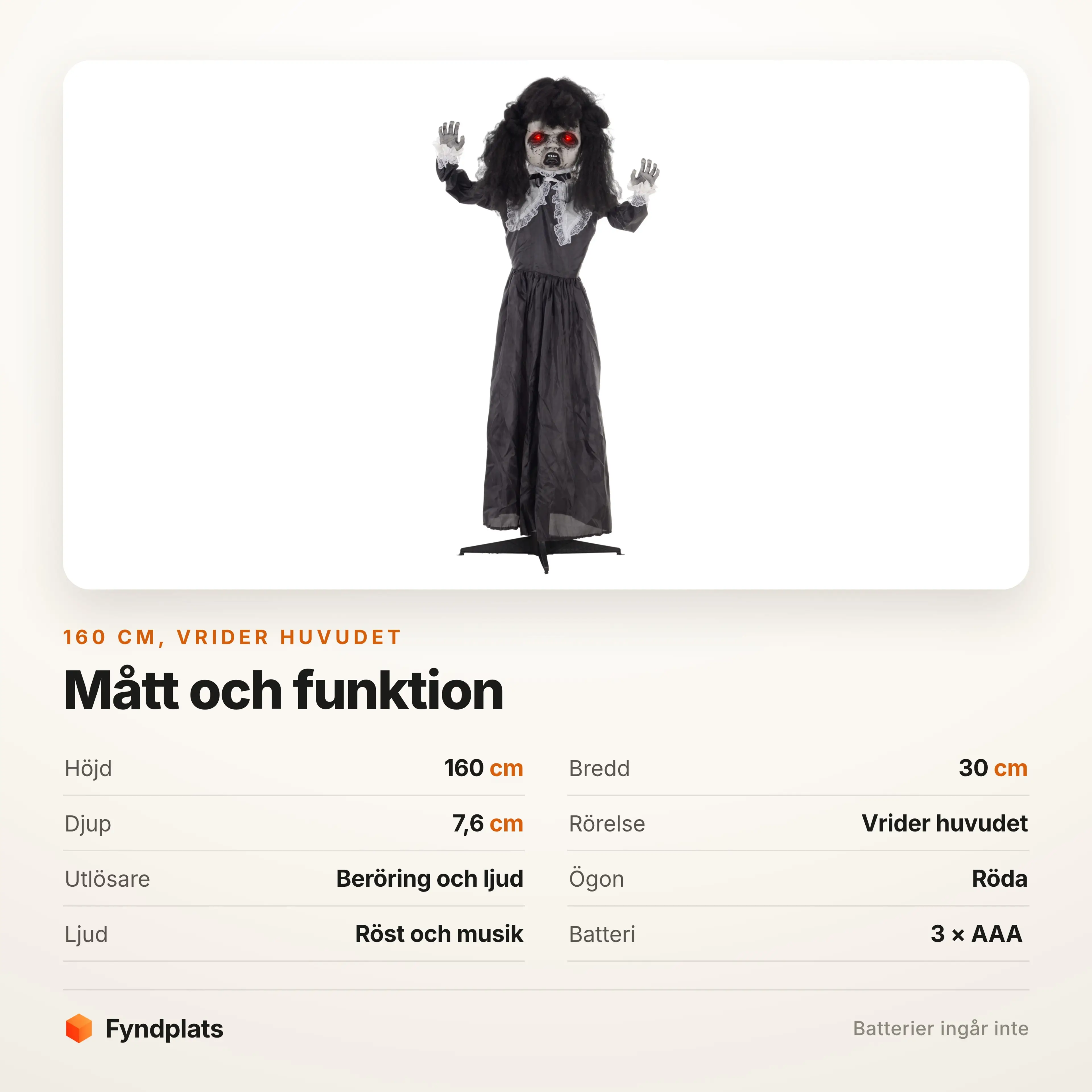 Specifikation: 160 cm hög, 30 cm bred, vrider huvudet