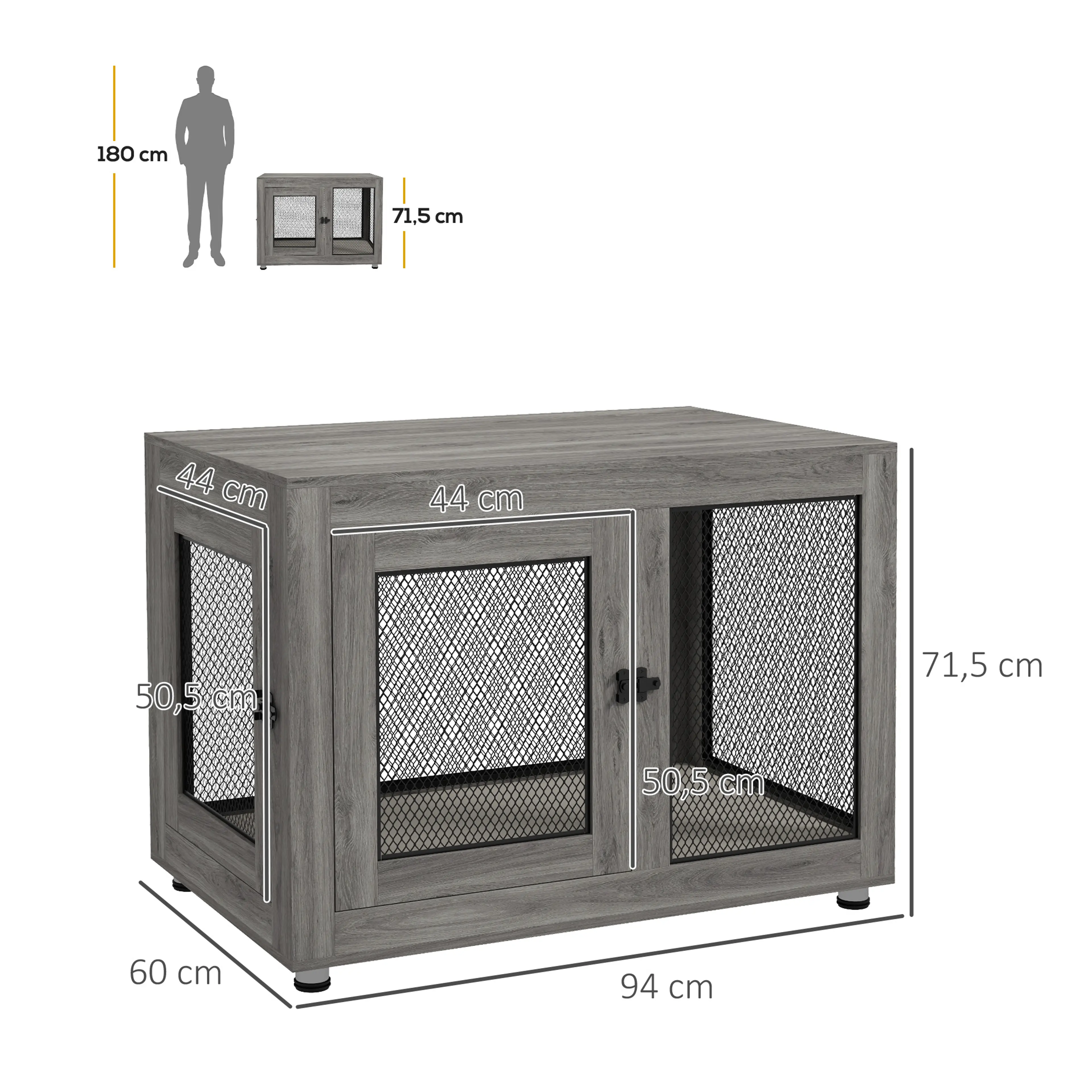 Måttskiss över hundburen med nätgaller: 94 × 60 × 71,5 cm utvändigt och dörrar på 44 × 50,5 cm