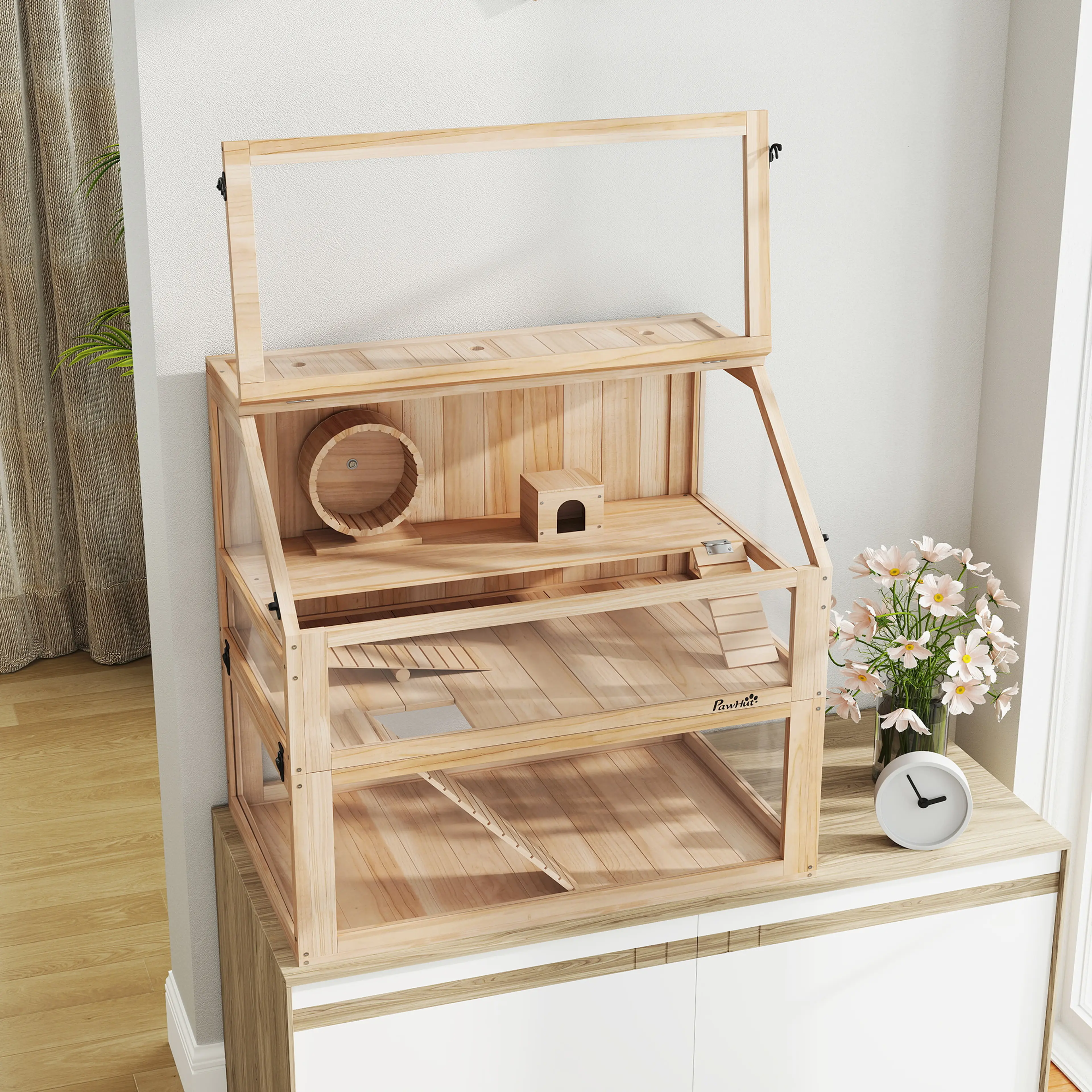 Hamsterbur i trä med 31 cm djup bädd och tre plan, naturfärg – bild 3