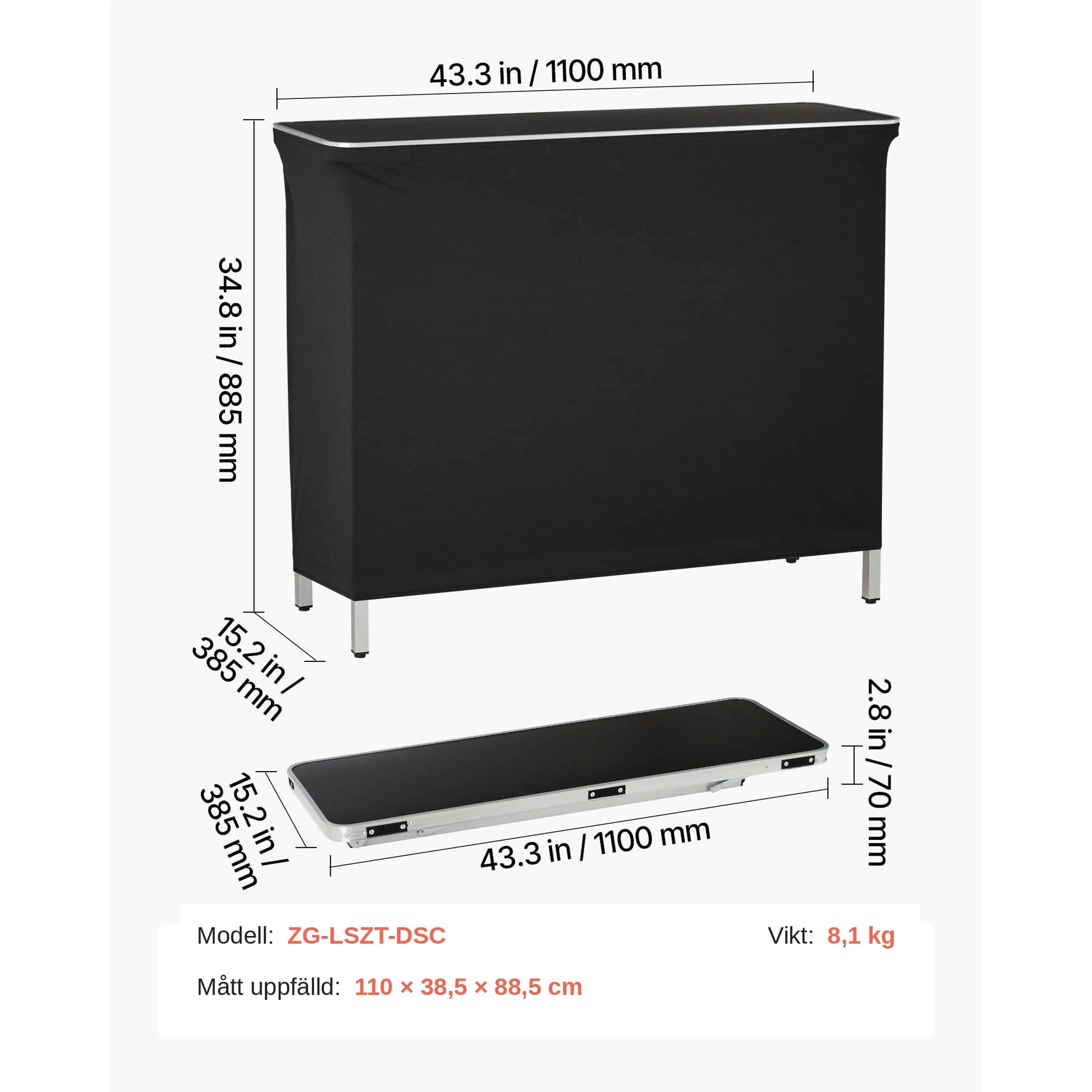 Måttskiss hopfällbar bardisk 110 cm utförande B – 110 × 38,5 × 88,5 cm, vikt 8,1 kg