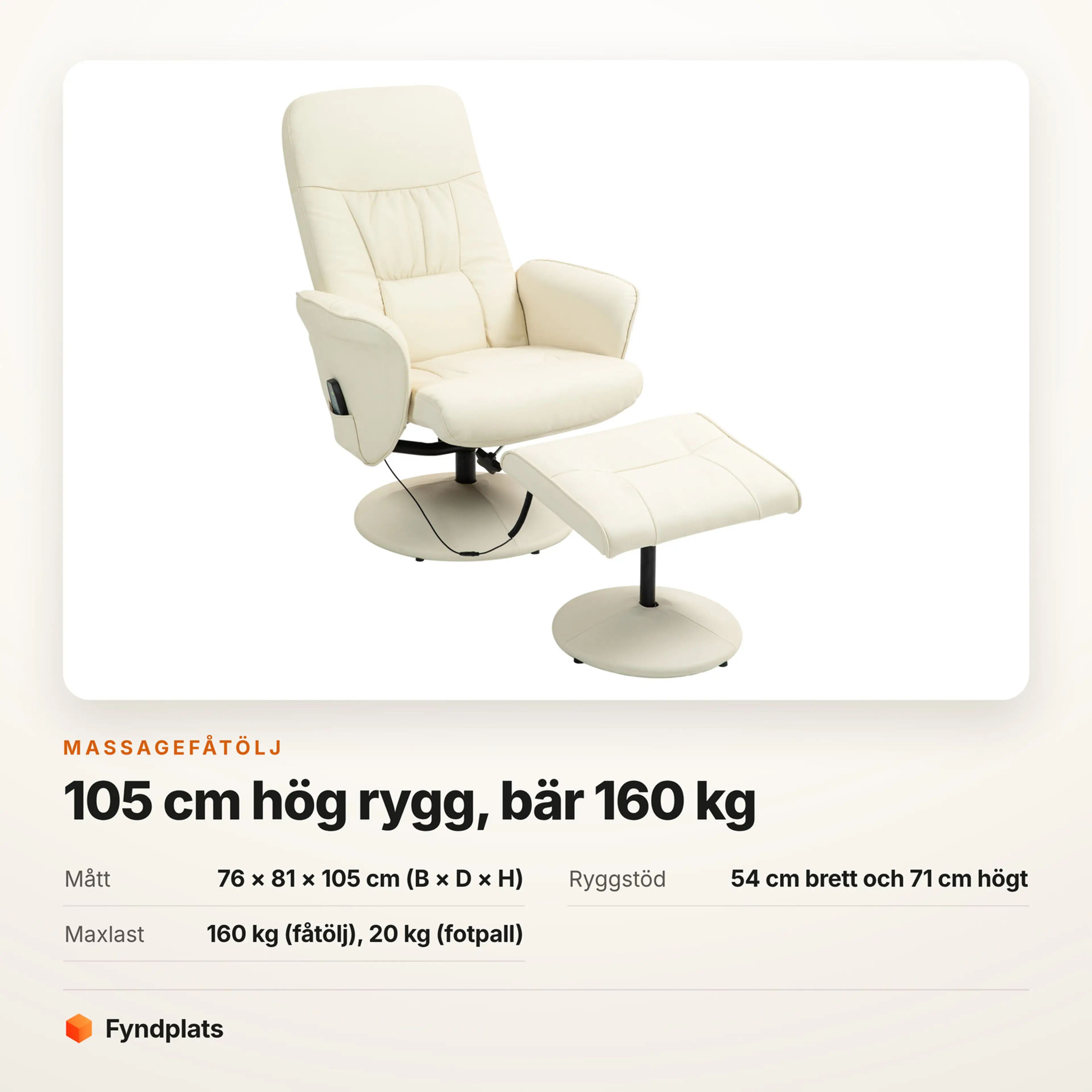 Faktakort: massagefåtölj cremevit, 76 × 81 × 105 cm och maxlast 160 kg