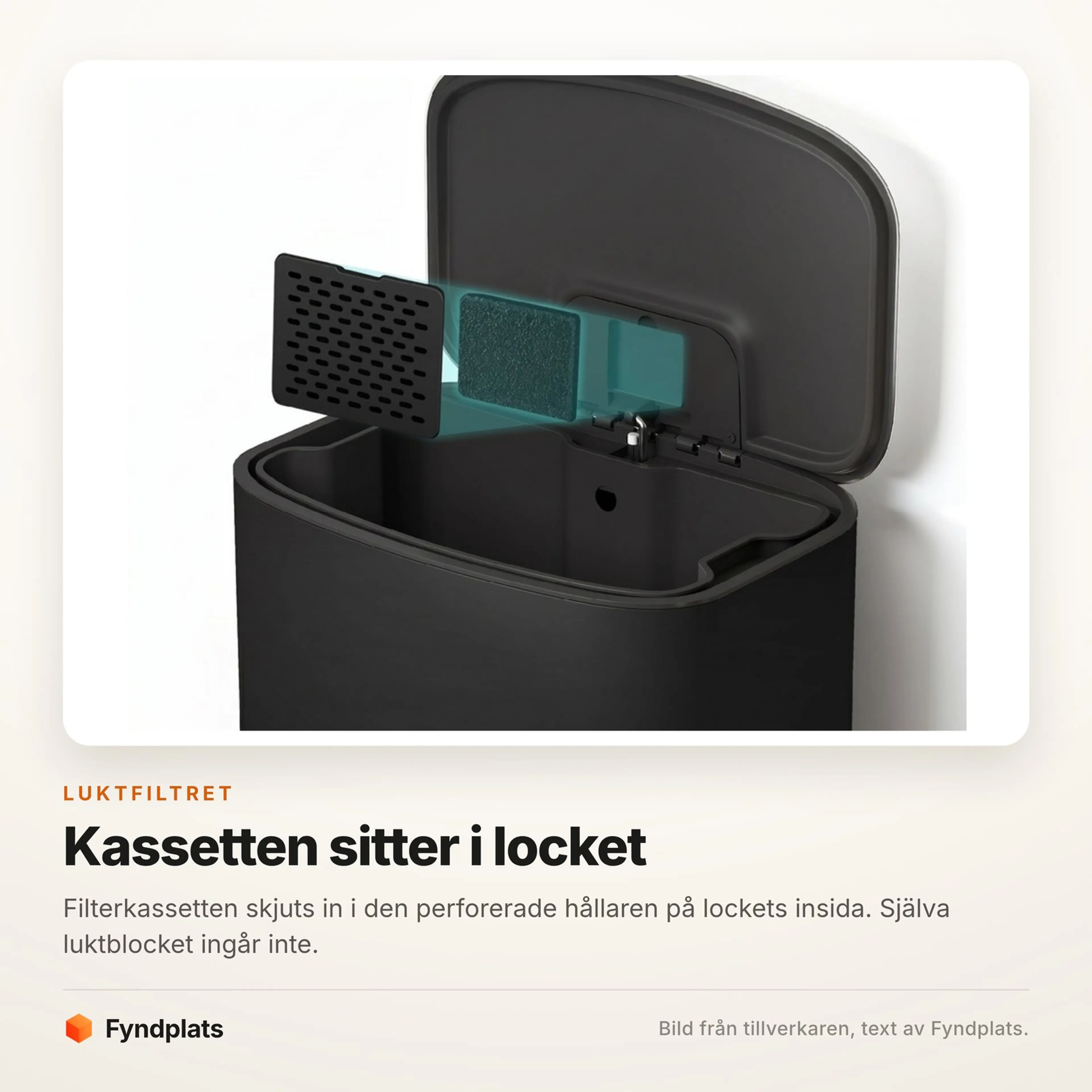 Fotokort som visar filterkassetten som skjuts in i lockets hållare