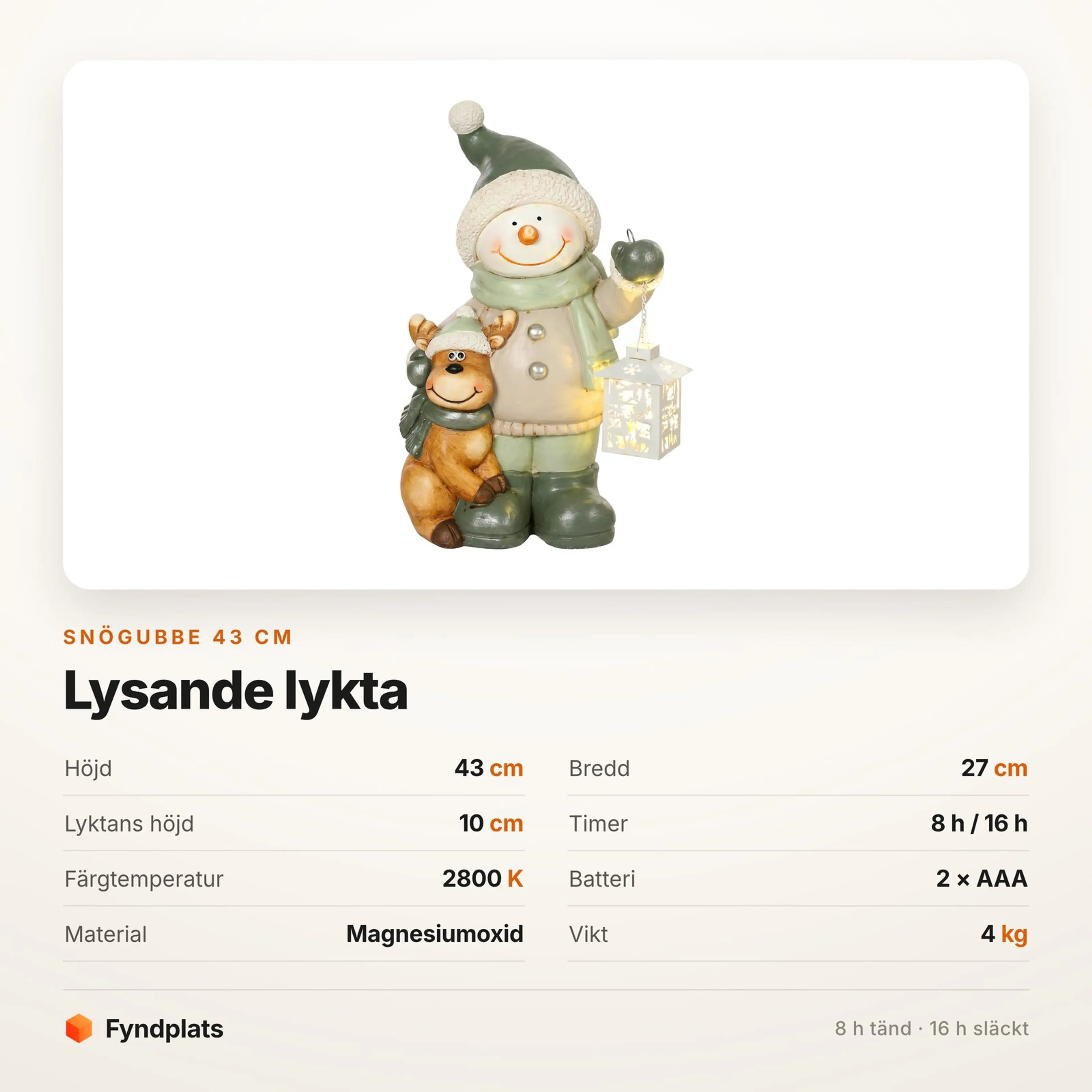 Faktakort: snögubbe 43 cm i magnesiumoxid med lykta och timer 8 h tänd