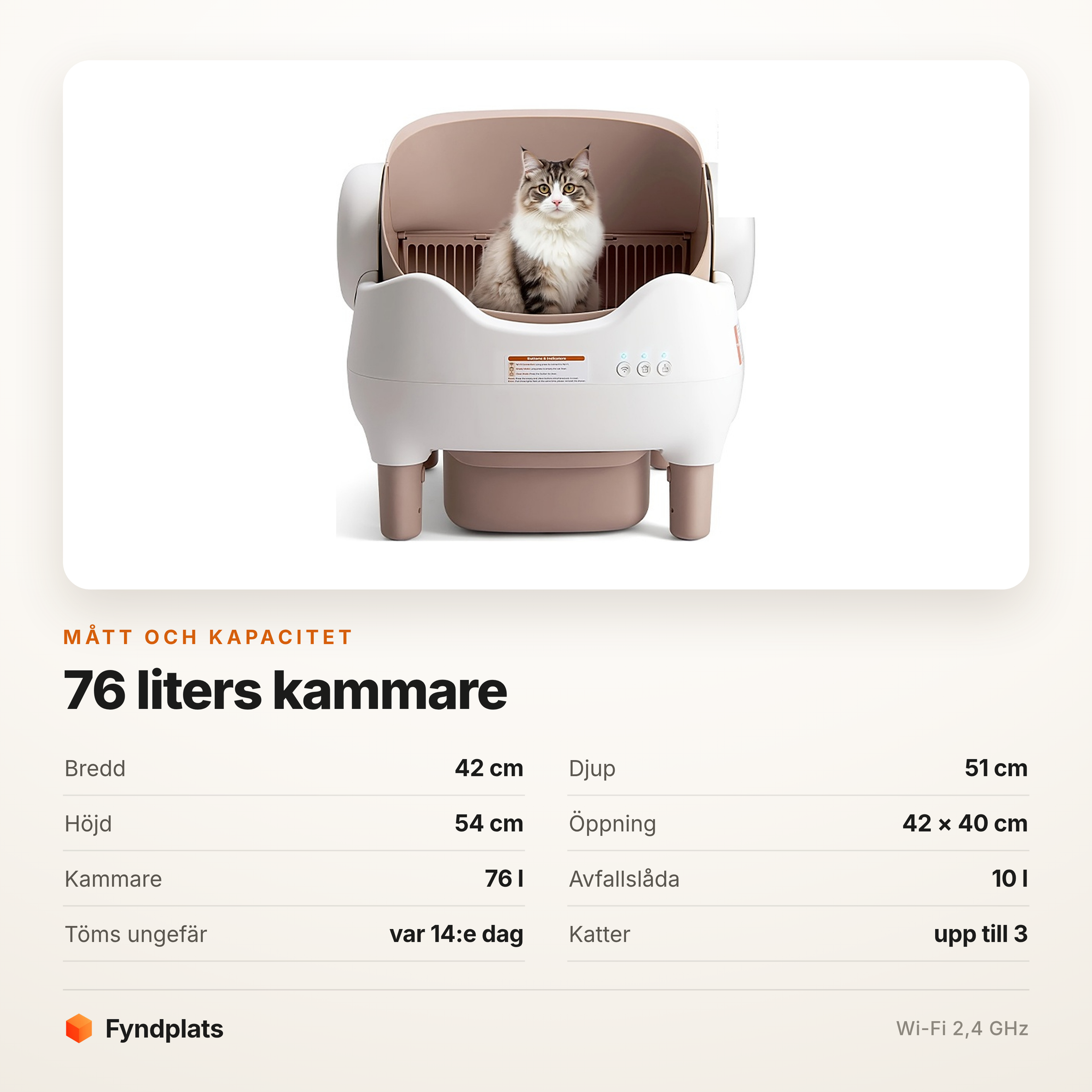 Måttkort: 42 × 51 × 54 cm, 76 liters kammare och 10 liters avfallslåda
